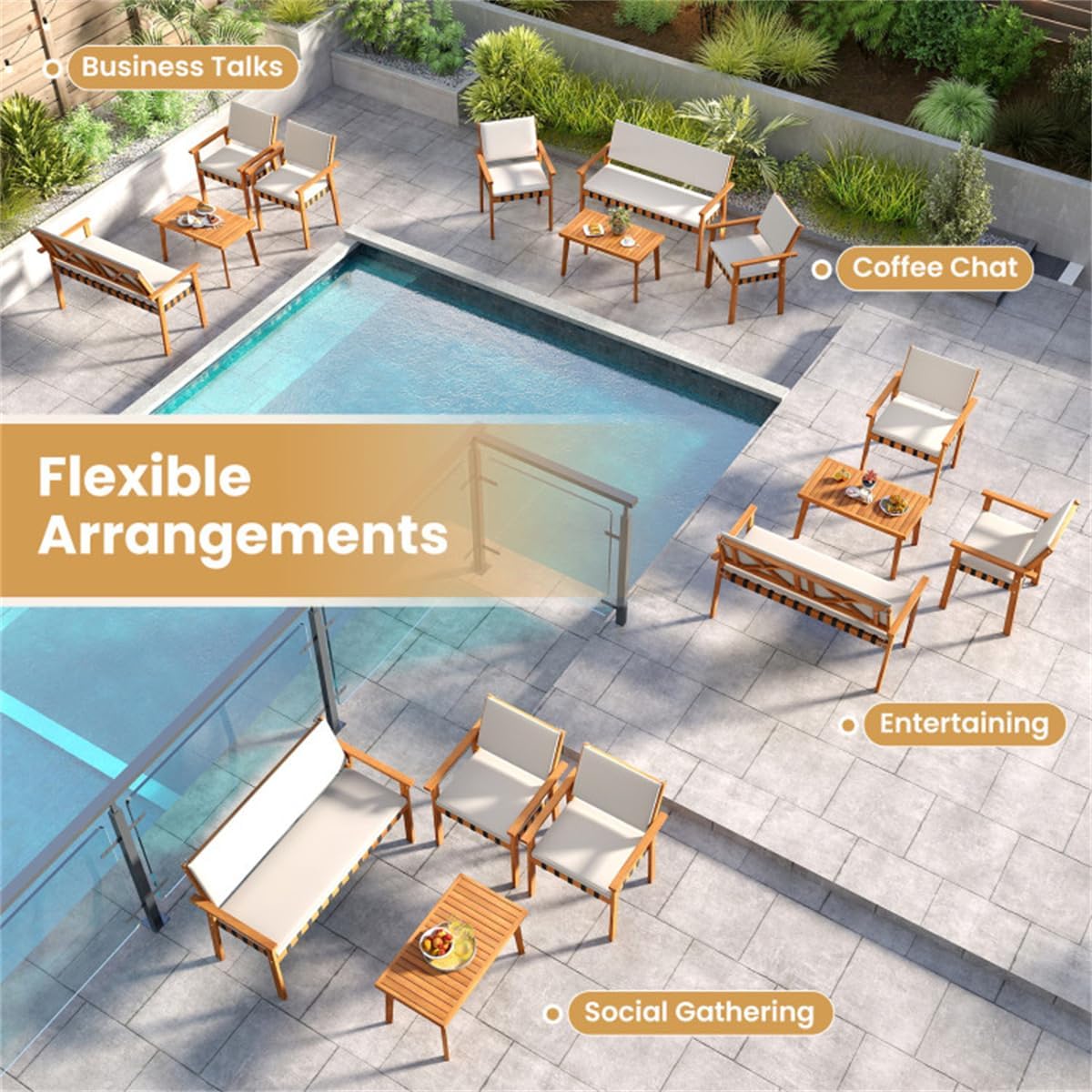 4-Piece Acacia Wood Patio Conversation Set with Soft Cushions Loveseat Armchairs Coffee Table