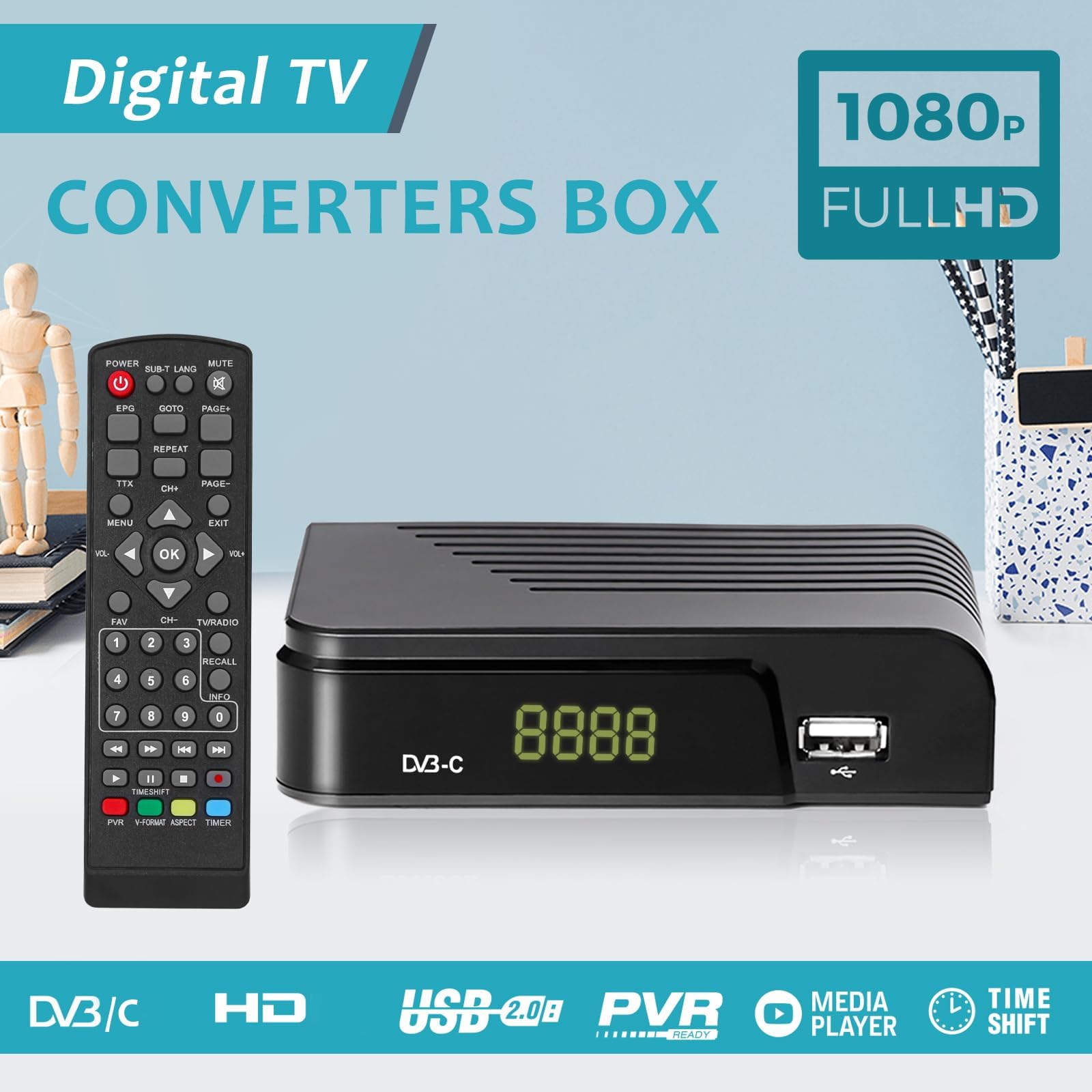 Kabel Receiver DVB-C Digitaler terrestrischer Decoder, Combo (HD1080p/H.264,MPEG-2,HDTV,DVB-C, SCART, USB 2.0, PVR FullHD TV Kabelreceiver mit Fernbedienung und Kabel