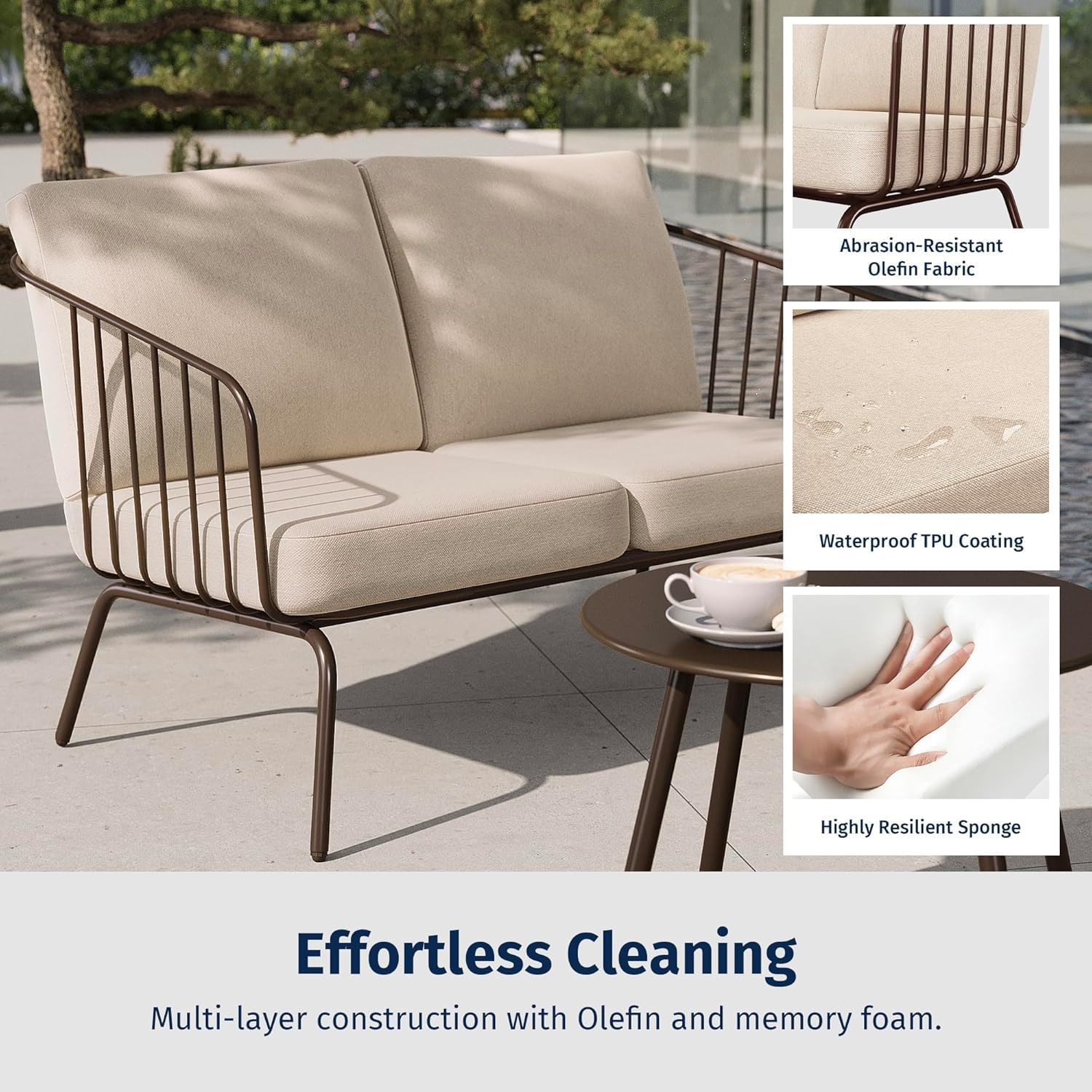 EAST OAK 4-Piece Plaza Patio Furniture Set, Outdoor Furniture with Thick Cushion Sofa and Coffee Table, Modern Patio Conversation Set for Garden, Backyard and Porch, Brown & Beige 4-Piece Brown & Beige