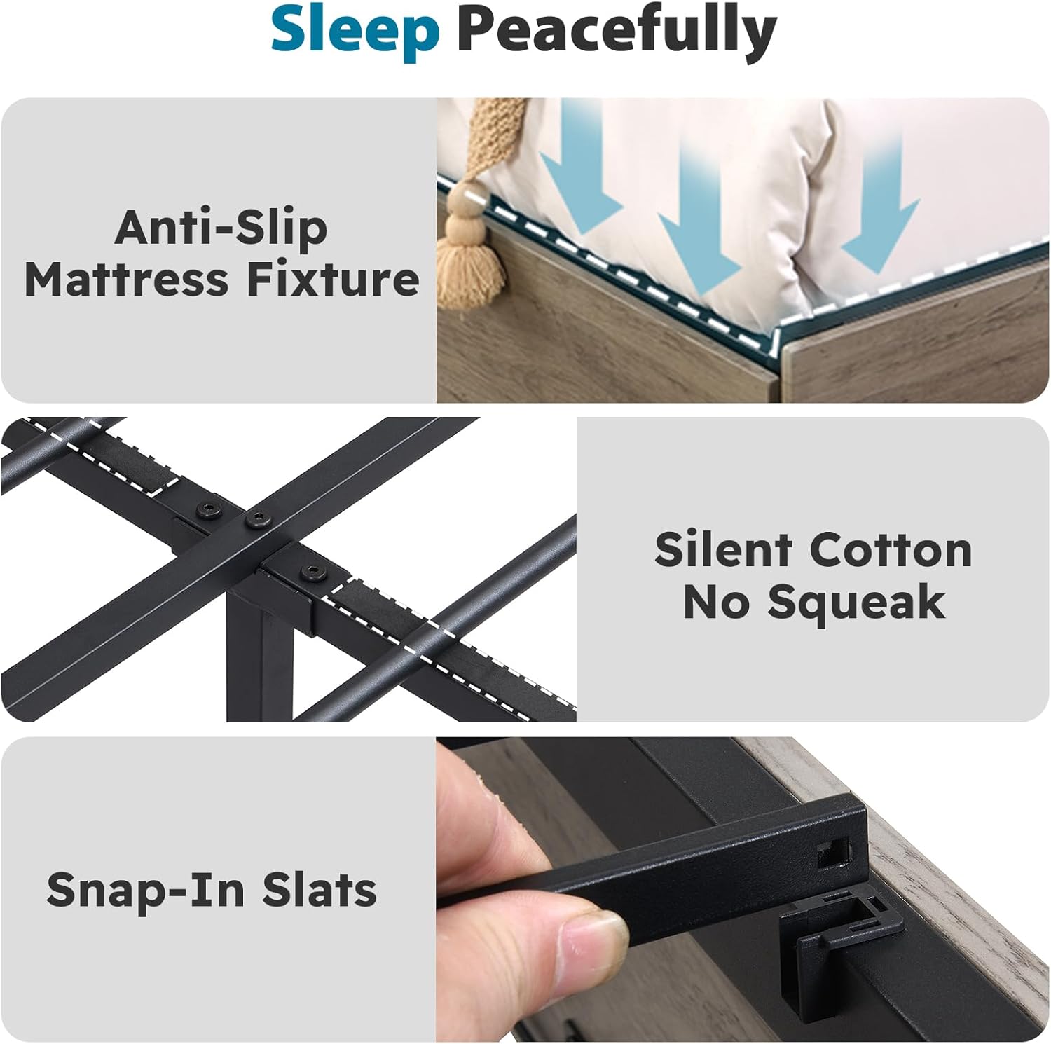 Illustrations demonstrating key features for peaceful sleep: anti-slip mattress fixture, silent cotton for no squeaks, and snap-in slats for secure mattress support.