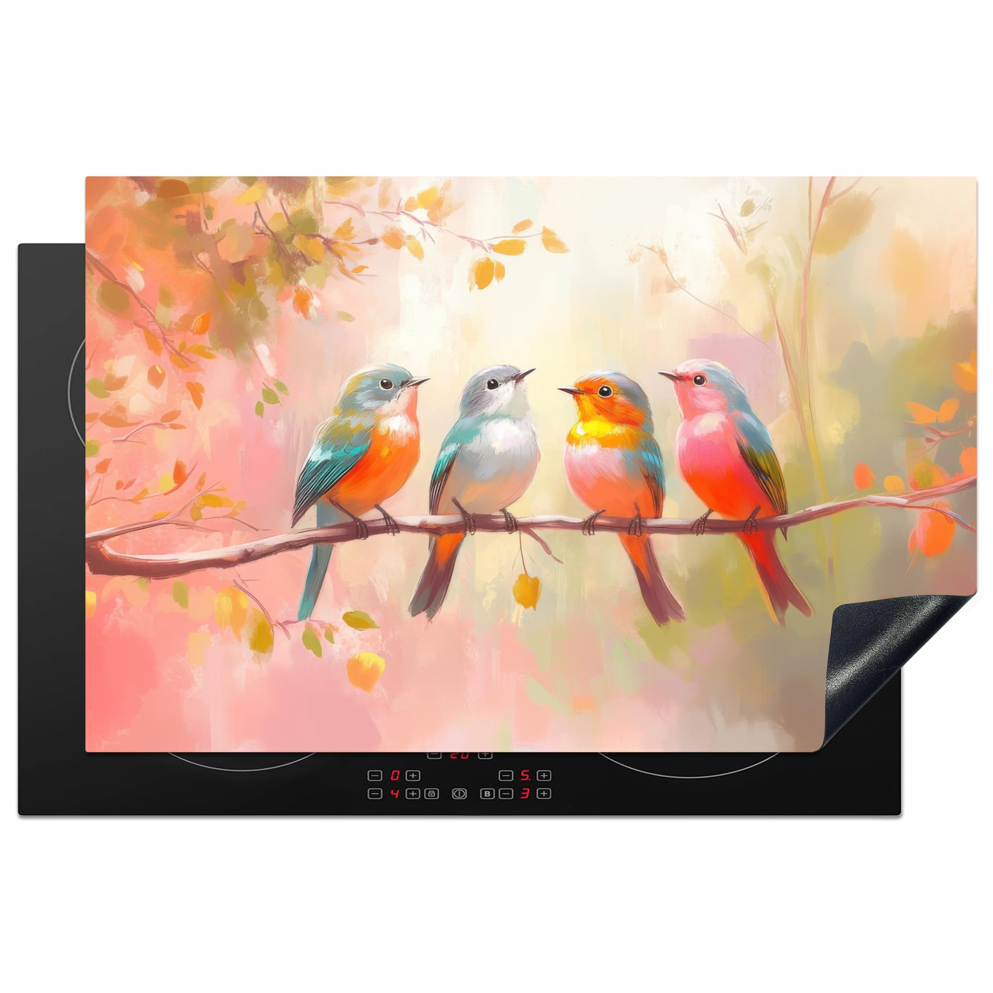KitchenYeah© Induction Hob Cover Protector Mat 20.5"x31.5" / 80x52 cm Kitchen Universal Ceramic Covers for Electric Cookers Vinyl Birds - Colourful - Branch