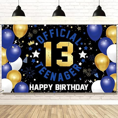 Vicycaty 13th Birthday Banner Backdrop, Happy 13th Birthday Decorations for Boys Girls, Fabric 13 Official Teenager Birthday Party Yard Sign Photo Props Decor Supplies, Blue Gold, 6.1ft x 3.6ft