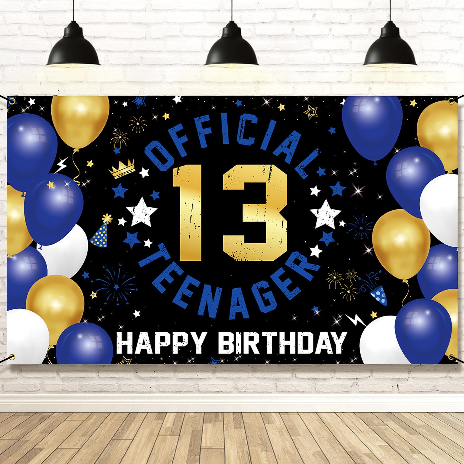 Vicycaty 13th Birthday Decoration for Boys Girls, Official Teenager Backdrop Banner Blue Gold, 13 Year Old Birthday Party Yard Sign Photo Props Decor Supplies, Sturdy Fabric(6.1 x 3.6ft)