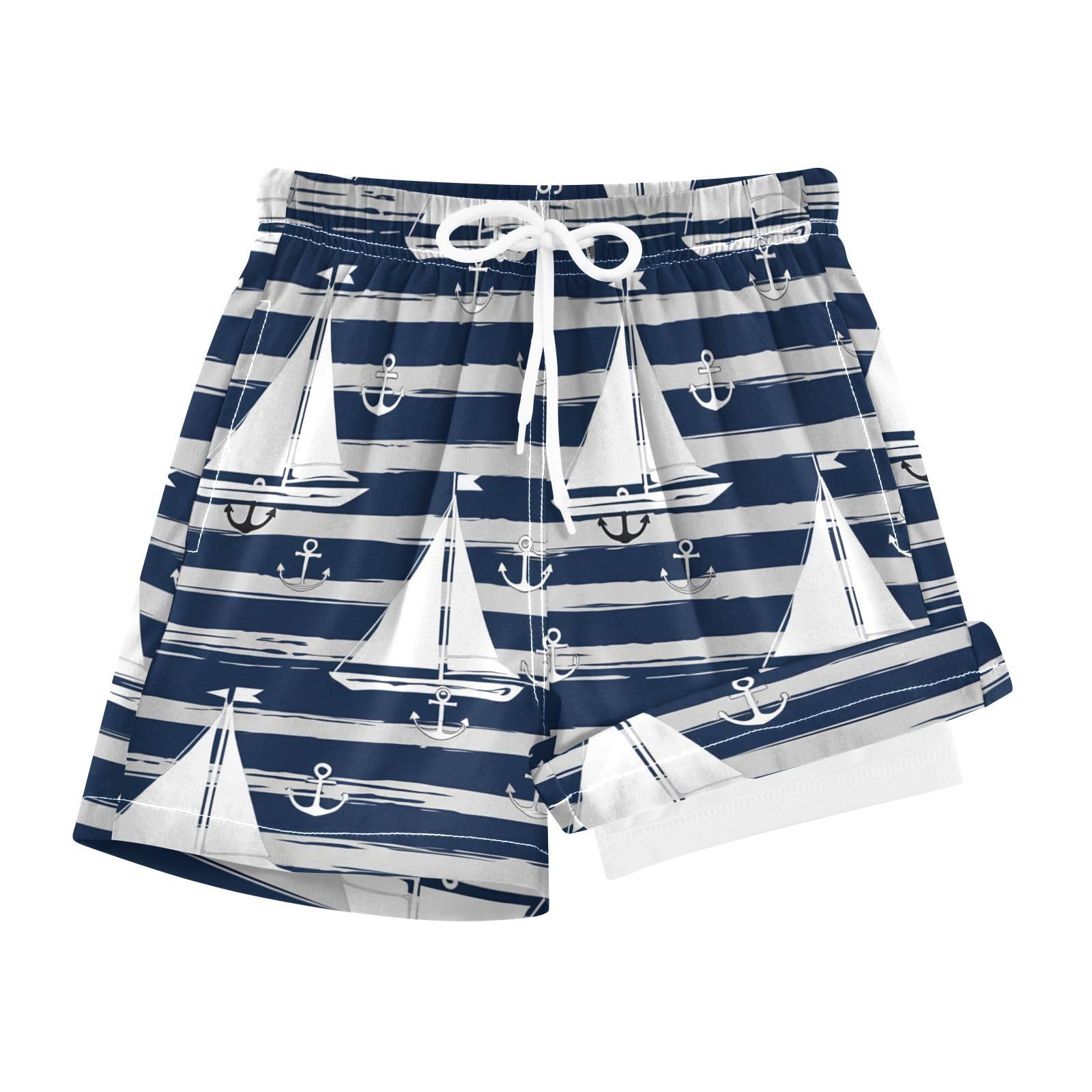 YANENDIE Boy Swim Trunks with Compression Liner Sailboats Navy Stripes Boys Swim Shorts Quick Dry Beach Shorts
