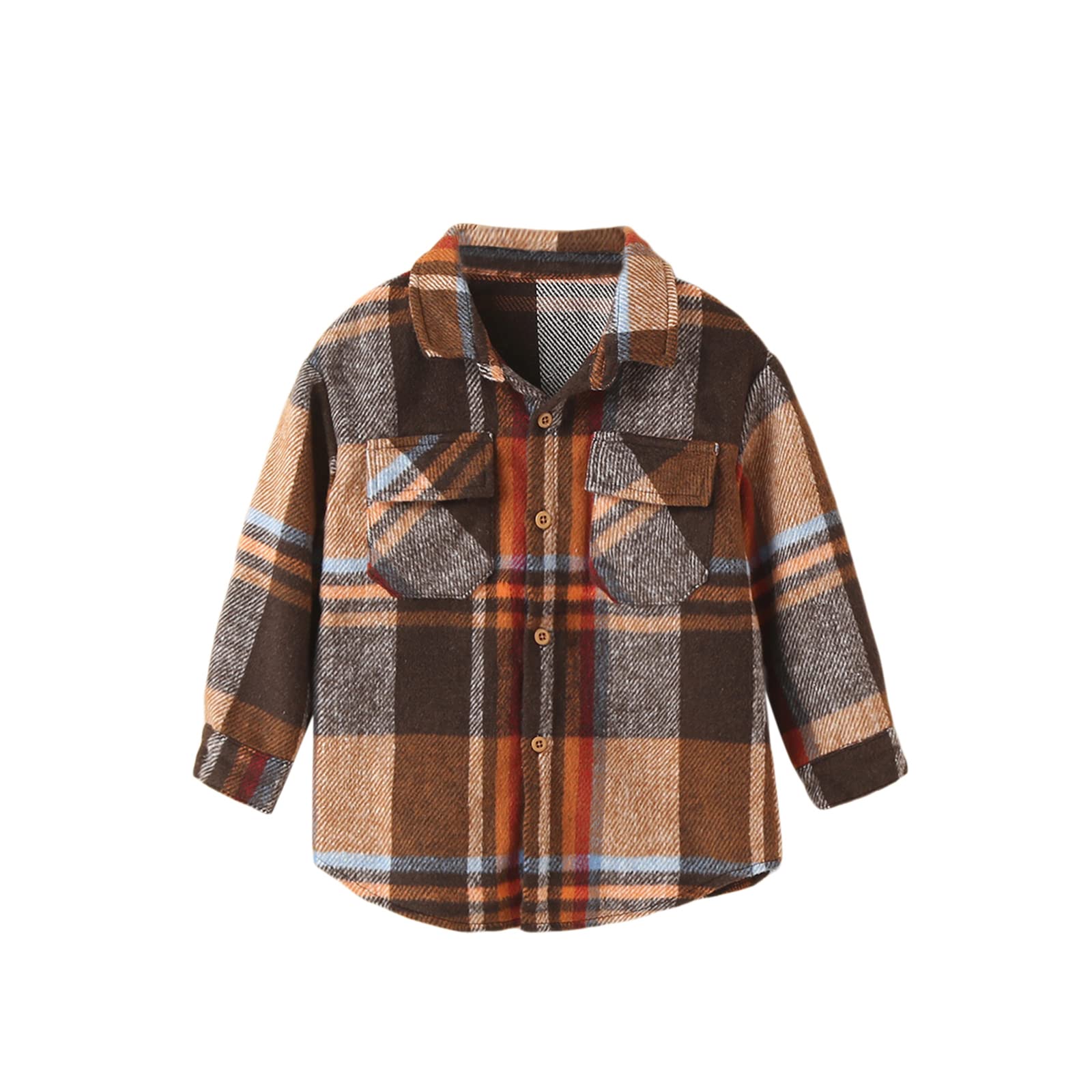 Kids Girls Plaid Button Down Shirt Long Sleeve Sweater Shacket Jacket Coat Warm Blouse Casual Outwear with Pocket (Brown, 5-6 Years)