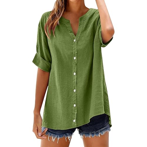Plus Size Summer Linen Tops for Women 2026 Loose Fit Boho Button Up Shirts for Women Collared Blouse Linen Tops
