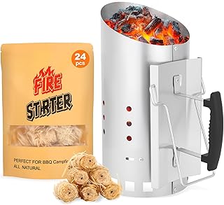SUNLIFER Charcoal Chimney Starter with 24 Pcs Natural Fire Starters, Heavy Duty Barbecues Chimney Starter for Charcoal Grill and BBQ, Easy Grip and Sturdy and Rapid Fire Starter, Zinc Steel