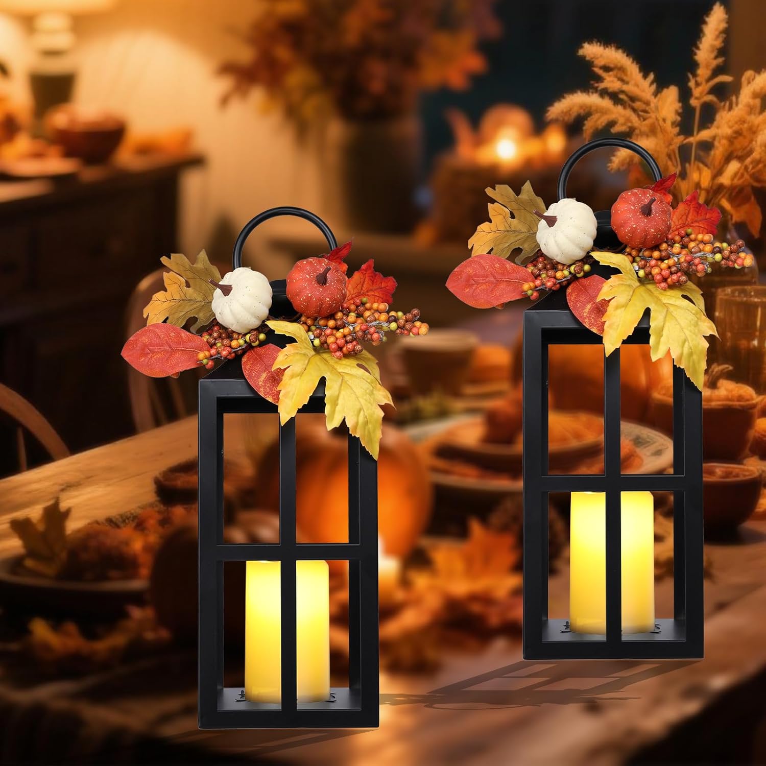 Fall Lanterns Decorative Indoor Outdoor, 2 Pack Hanging Harvest Lantern with LED Candle, 18 Inch Autumn Flameless Lights with Pumpkin and Maple Leaf for Thanksgiving Table Centerpiece Home Decor