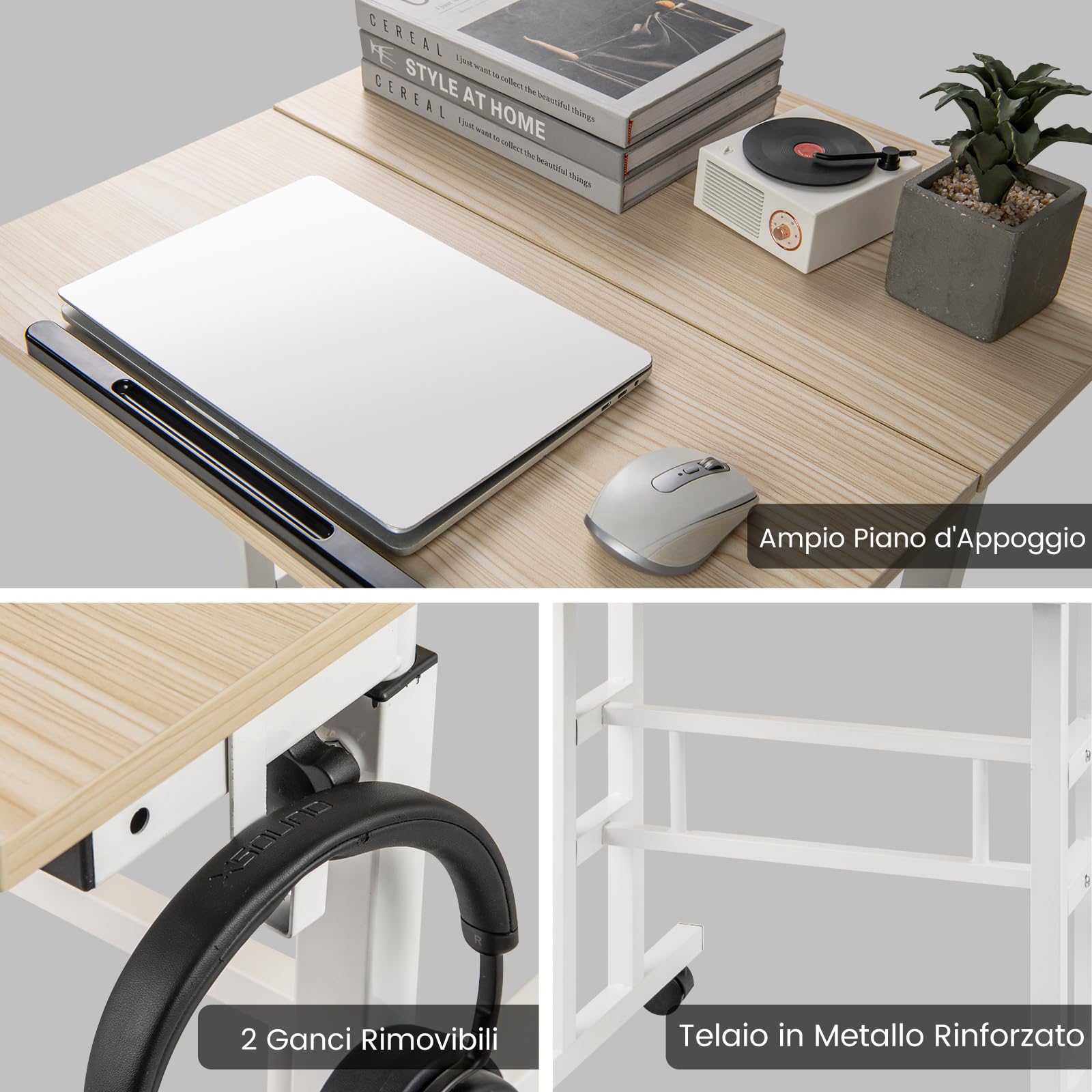 COSTWAY Scrivania per Computer Regolabile in Altezza, Postazione di Lavoro per Computer con Ruote e Ganci, Tavolo Porta PC per Studio e Ufficio, 60 x 60 x 72-124 cm (Naturale)