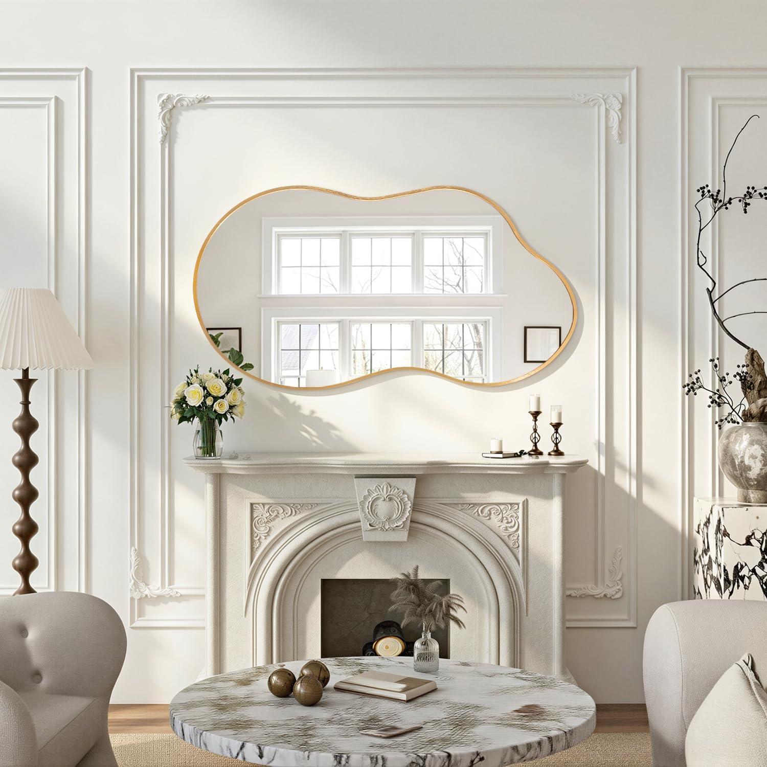 JJUUYOU Grande specchio da parete asimmetrico con cornice in metallo irregolare, moderno e unico, specchio decorativo per bagno, camera da letto, soggiorno, ingresso, corridoio, 55 x 100 cm, oro