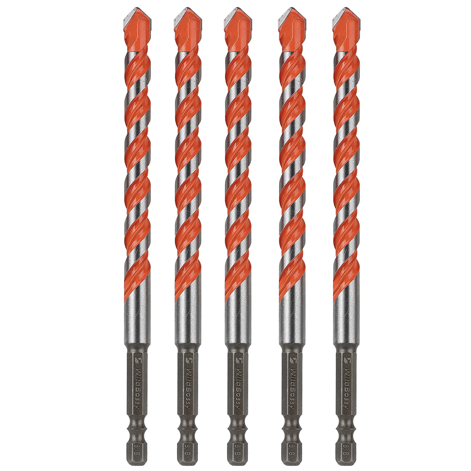 Concrete Drill Bits, 3/8" Hex Shank Masonry Bits, 5PCS | carbide masonry drill bits for concrete, brick, tile, glass, cement and plastic with hex shanks 3/8 in Flat-tip Type