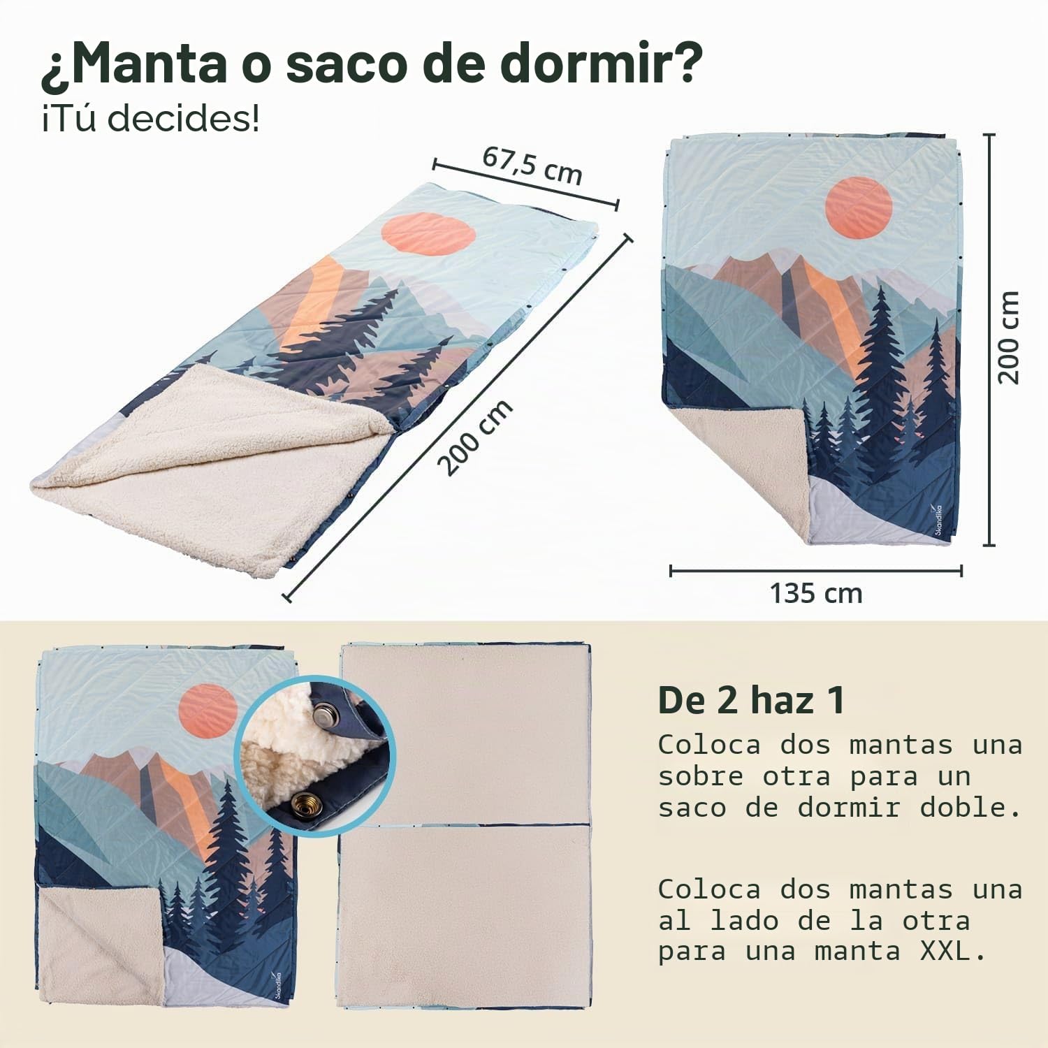 Skandika Manta de Camping para Exteriores Liva | 4 en 1, 200 x 135 cm, Colcha, Saco de Dormir, Almohada, con Parte Inferior de Piel de Borreguito o Nailon