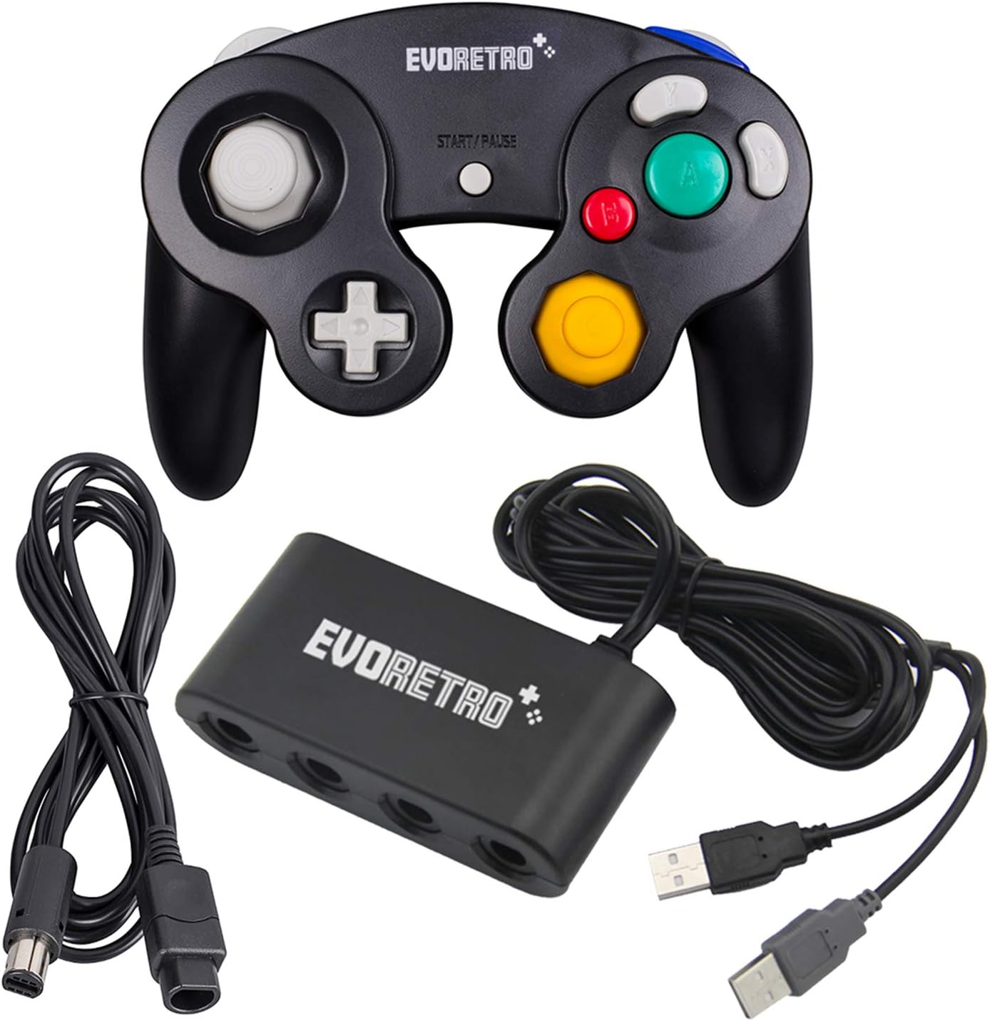 EVORETRO Black Controller and Adapter and for Gamecube compatible for Nintendo Switch – Ideal Bundle for Smash Bros Compatible also for PC Wii and Wii U