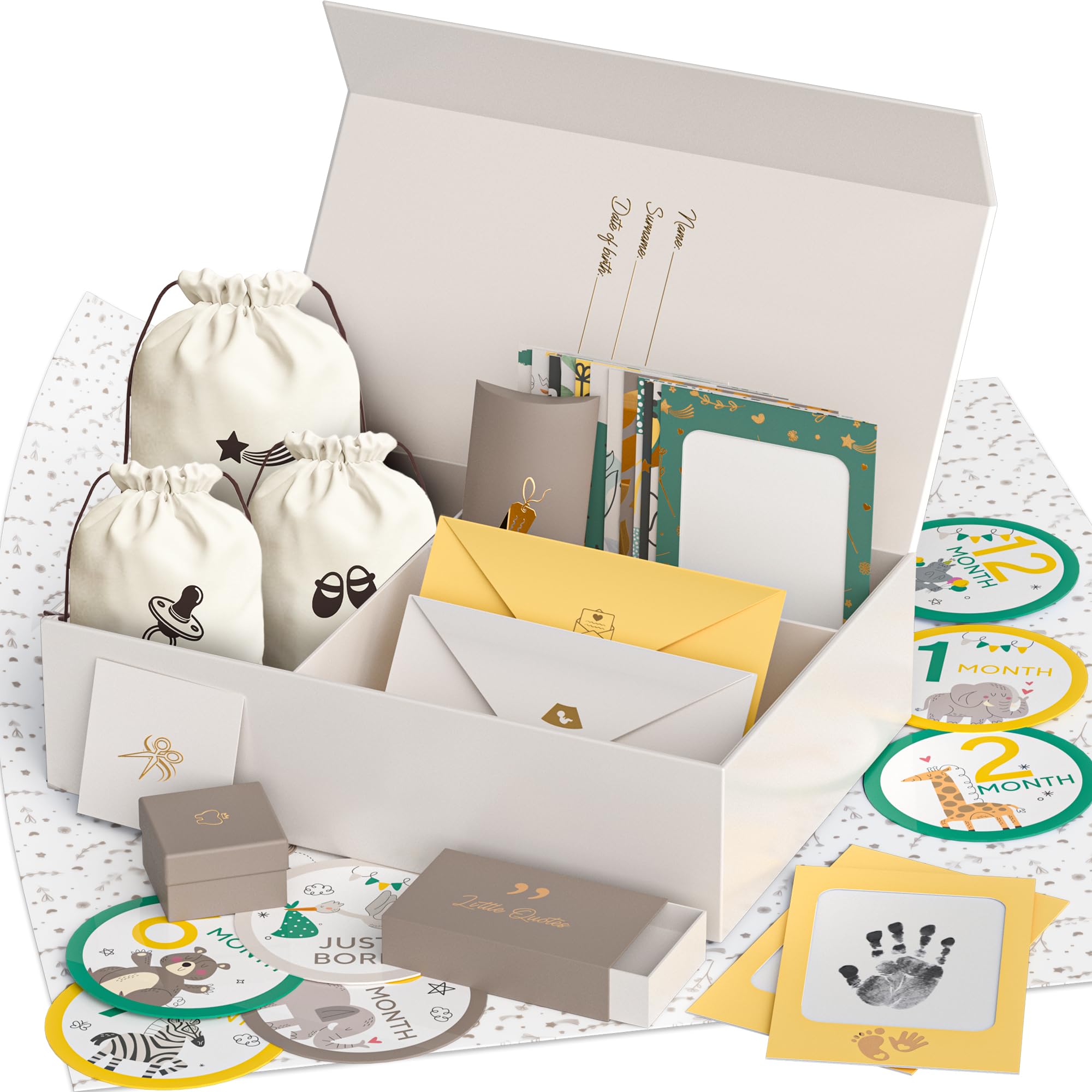 Ultimate Baby - Caja de recuerdos para niños y niñas, hermosa caja de recuerdos para nuevos padres, con kit de huellas de manos y pies, calcomanías de hito, caja de dientes y más, perfecto regalo para