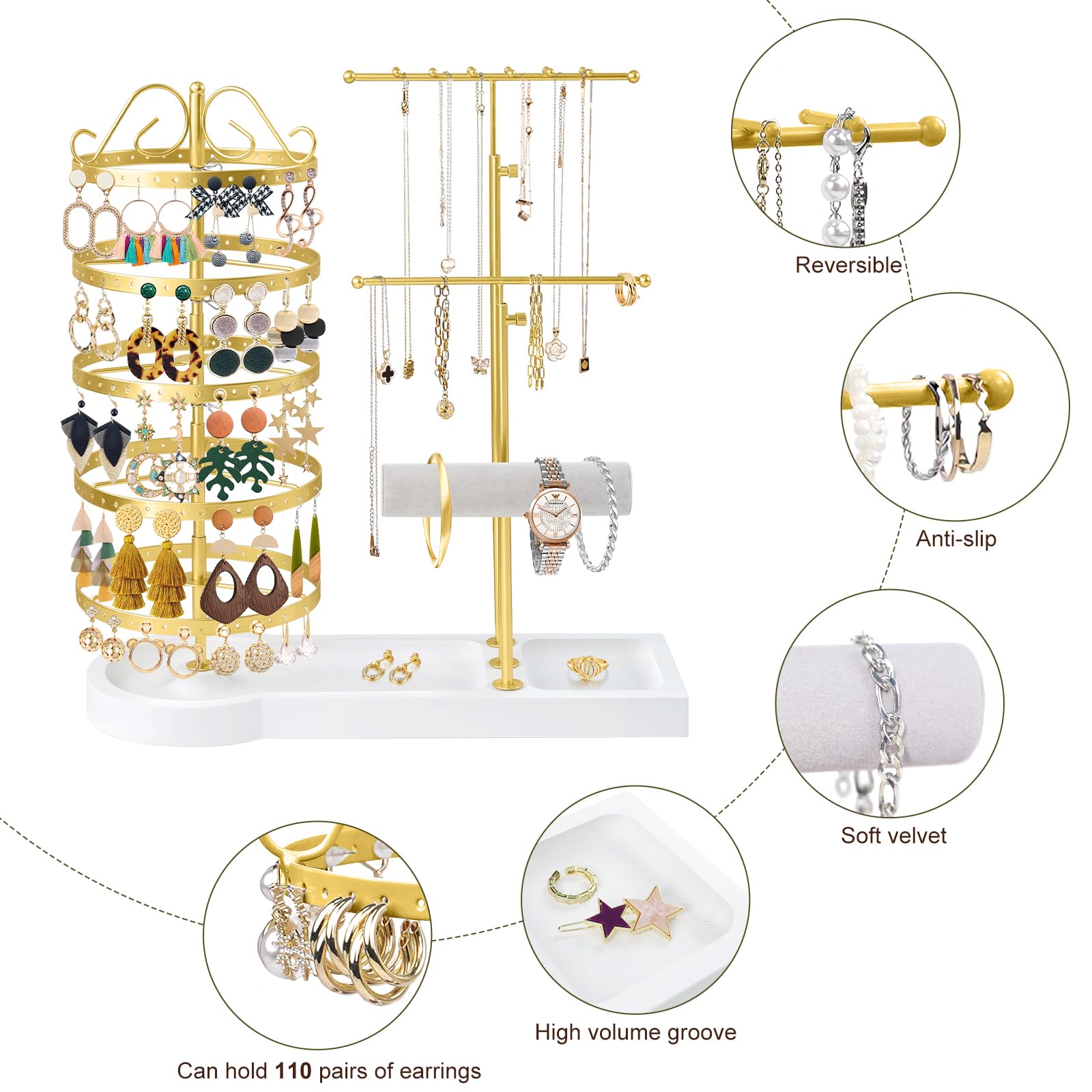 Schmuck-Organizer-Ständer, drehbarer Ohrring-Halter, Organizer, multifunktional, verstellbar, Halskettenhalter, Armband, Uhrenhalter für Schmuck, Ohrringe, Ringe (Gold)