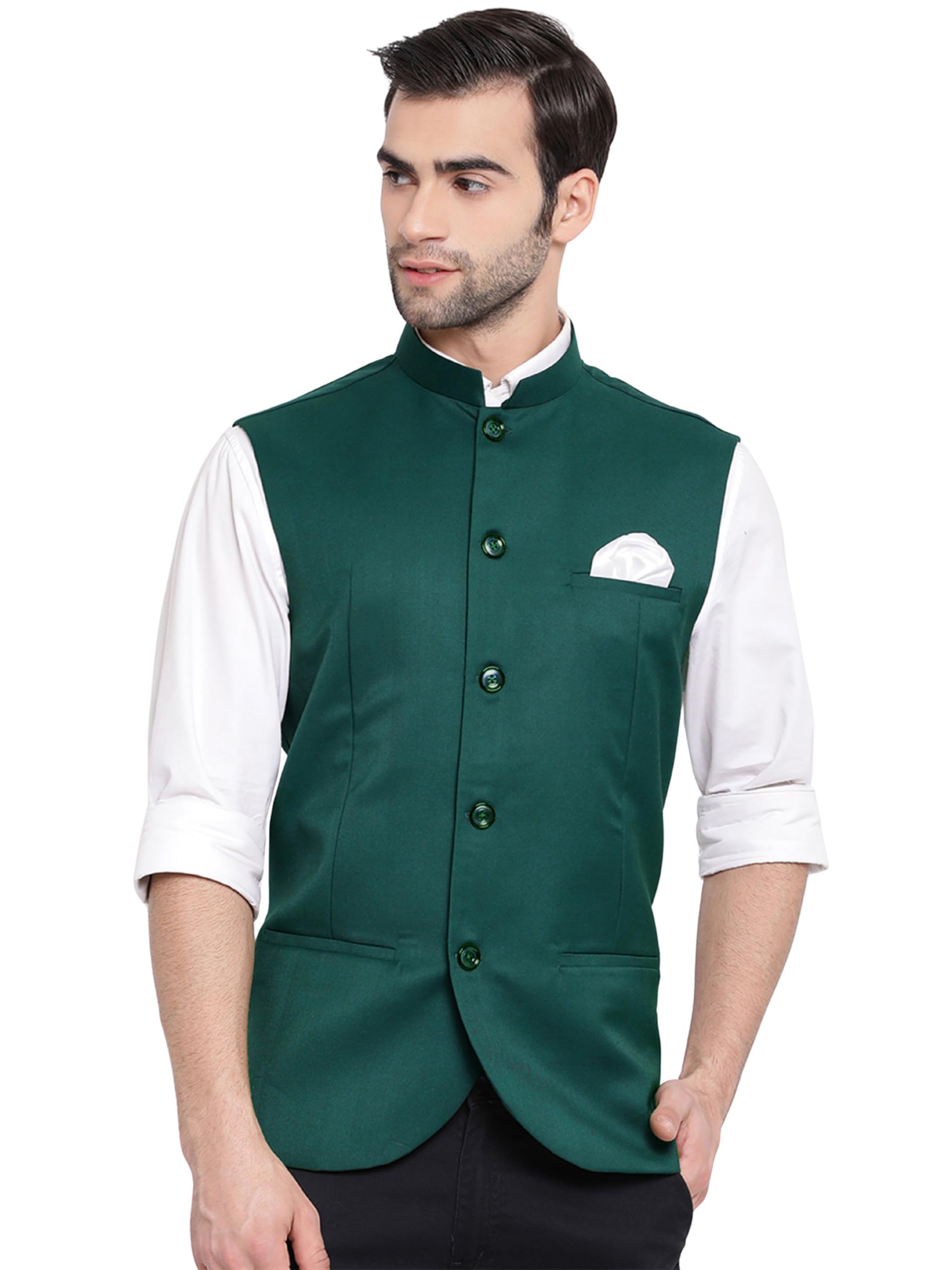 vastramay Men Dark Green Cotton Silk Solid Nehru Jacket with Satin Lining | Diwali, Navratri & Wedding Outfit-picture-54