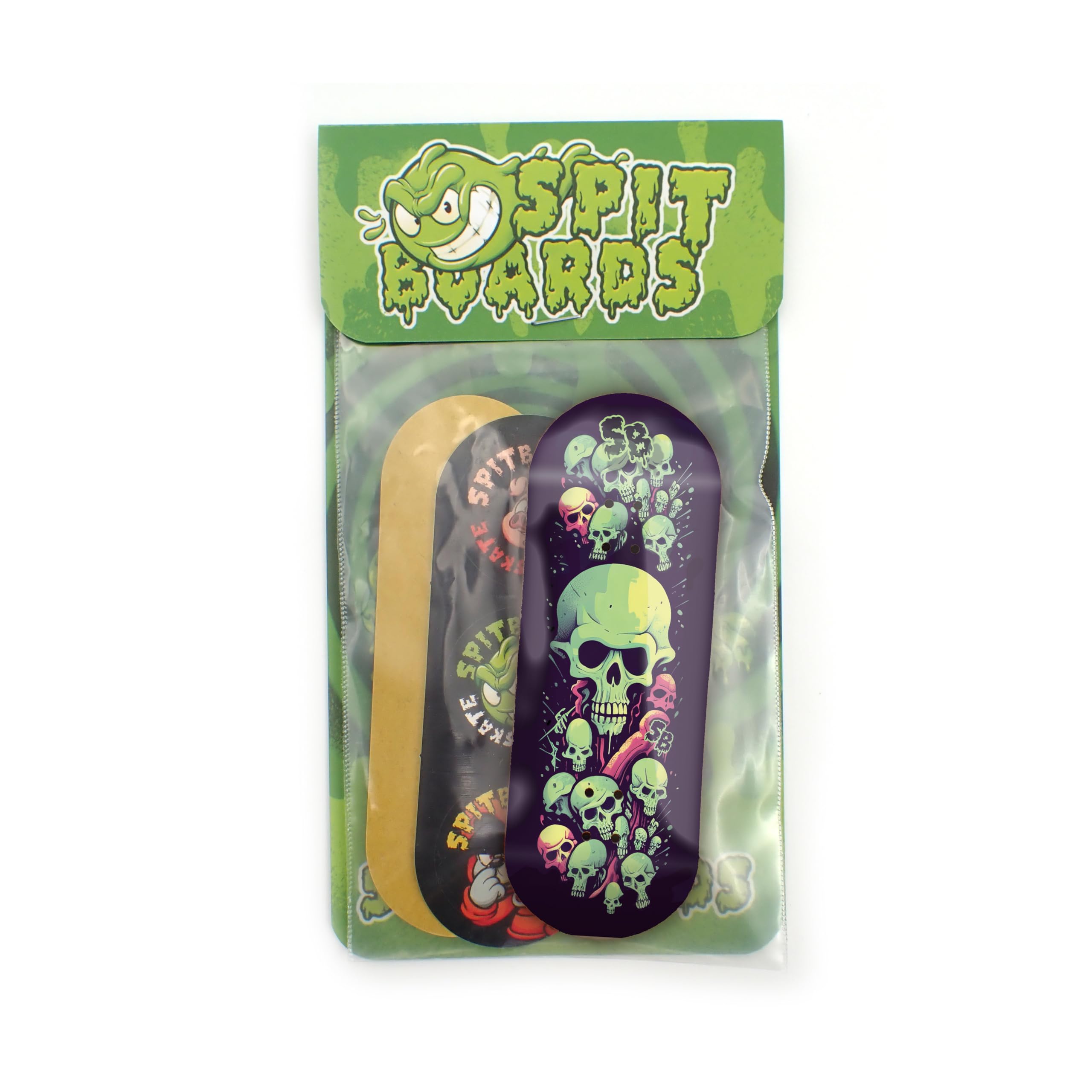 SPITBOARDS Touche 34 mm – Bois véritable (5 couches) Forme classique Popsicle Street – Taille : 34 x 96 mm – Planche graphique unique (usure réelle) – Concave optimisée – Crâne vert citron