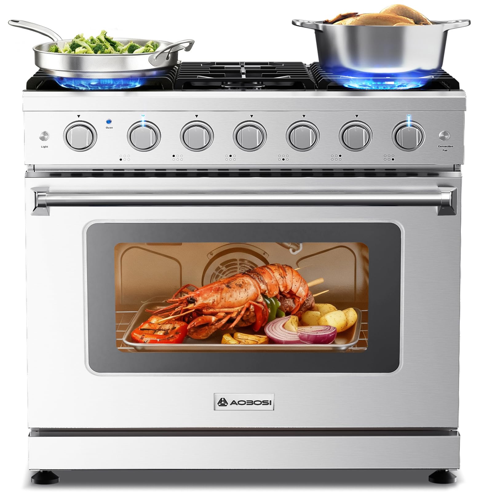 AAOBOSI Upgrade 36 Inch Front Control Gas Range Oven with 6 Cooktop Burners, 6 Cu. Ft 18000 BTU Convection and Self Clean, Freestanding Heavy Duty Gas Range Stove with Halogen Light,Large Capacity