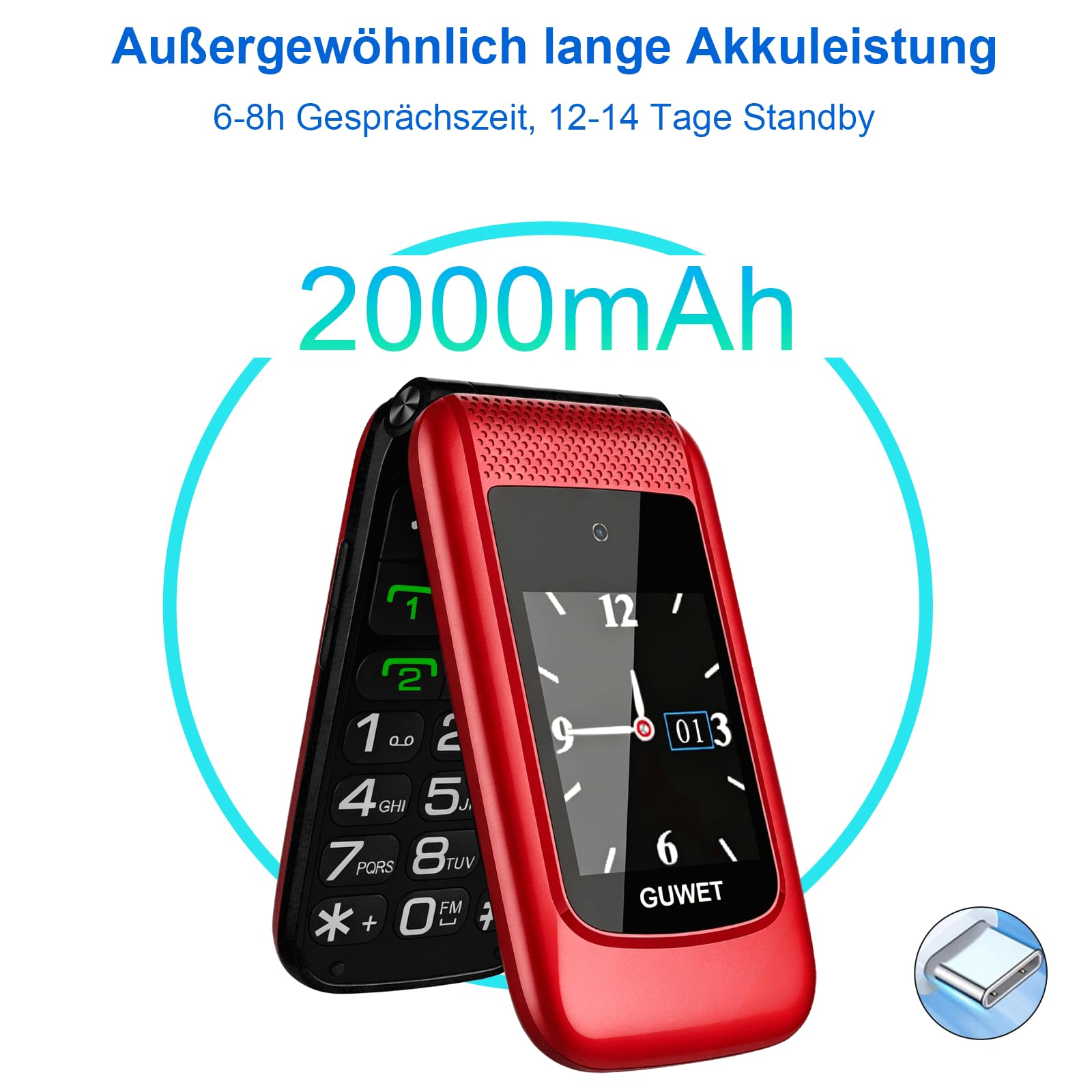 Seniorenhandy Klapphandy ohne Vertrag,Dual SIM 2G GSM mit SOS-Notruftaste,Rentner Handy Großen Tasten mit 1600mAh Akku,USB-C,2.4"+1.77" Dual Display,Rot