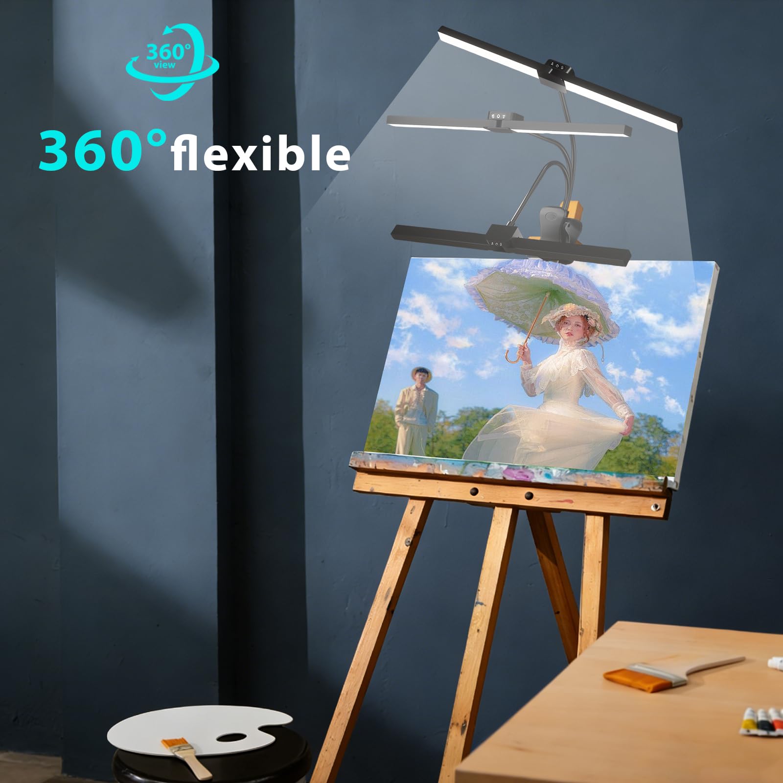 Lámpara de Pinza para Caballete Pintura Inalámbrica Recargable, 64 Ledes, 4 Temperaturas Color y 3 Niveles Brillo, Lámpara Escritorio Inalámbrica para Artista Pintura Dibujo Control Táctil