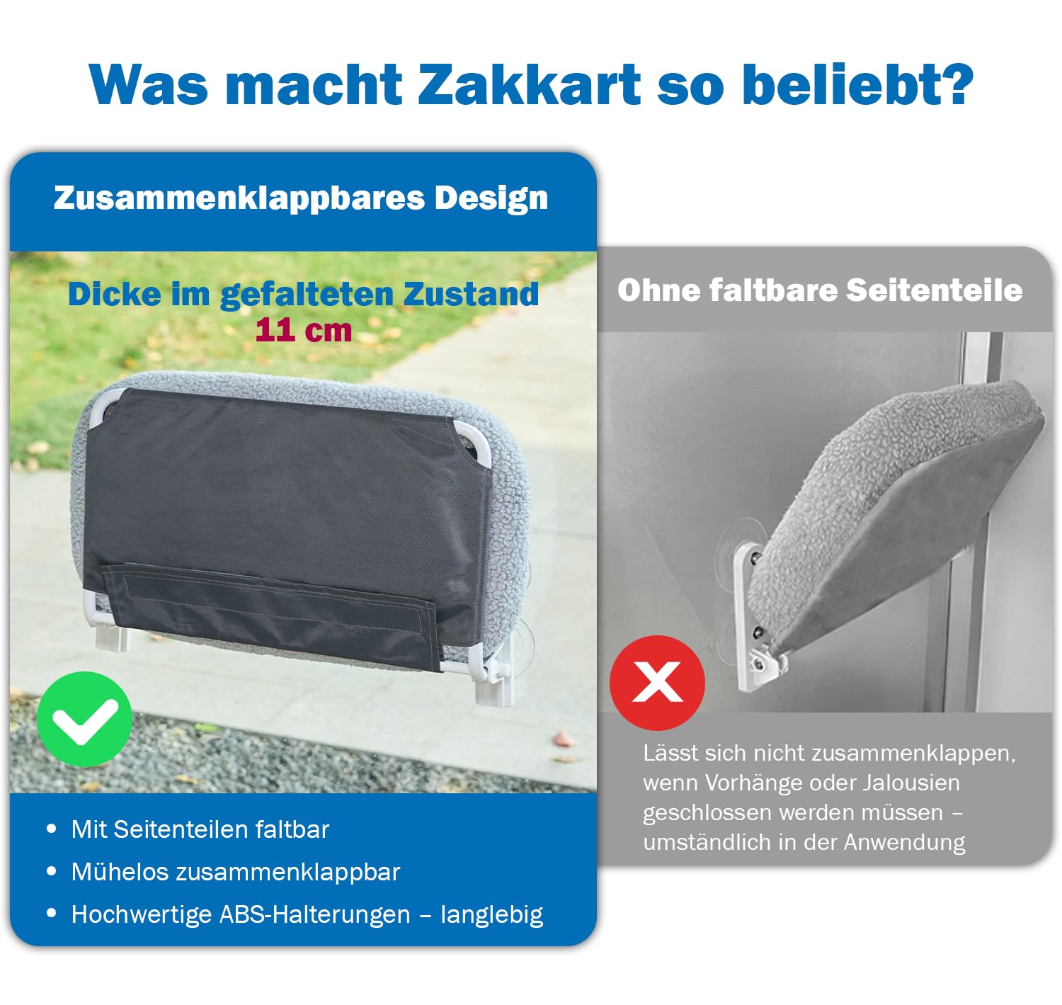 Zakkart Faltbare Katzenhängematte für Fenster - Kabellos, Eingebettetes Maschinenwaschbares Bett, Robuster Metallrahmen, Katzenfensterstange für große Katzen und Kätzchen (weißes, groß)