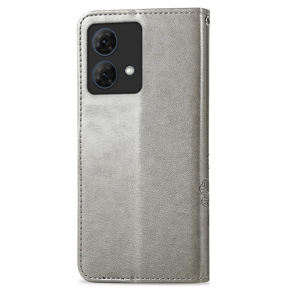 RankOne Skórzane etui do Motorola Moto G84 (6,5" cala), portfel case z 3 przegródkami na karty, 1 przegródka na monety, czterolistna koniczyna wzór - szary