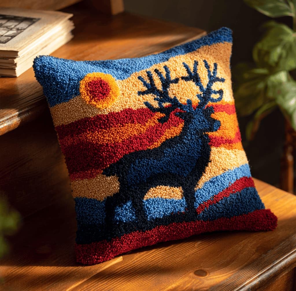 Kitquiver Latch Hook Rug Kits for Adults Elk DIY Latch Hook Cushion Cross-Stitch Embroidery Cushion Cover for Home Sofa Decoration 17X17 in.
