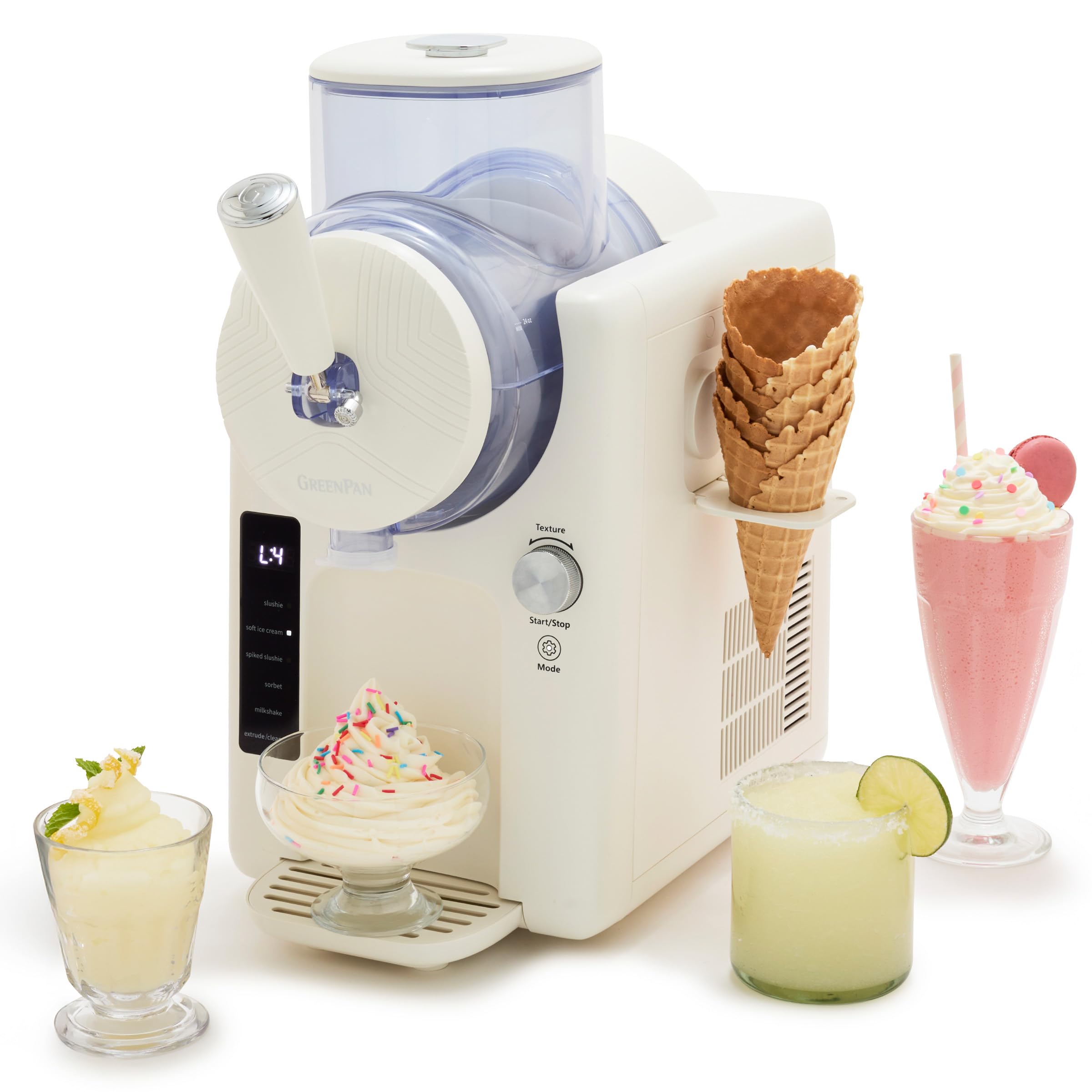 GreenPan Frost Ice Cream Maker &amp; Slushie Machine, Mixing Bowl included, Soft Serve, Sorbet, Margaritas, Milkshakes, Frozen Yogurt, No Pre-Freezing, Ready in 15 Mins, 6 Modes, Self-Cleaning, Cream
