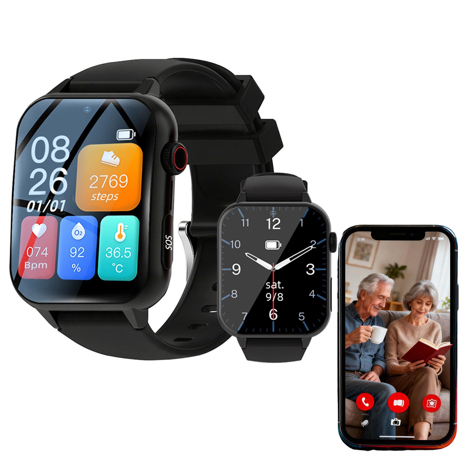 Reloj Localizador GPS Personas Mayores para Personas Mayores con Reloj Inteligente con detección de caídas, localización, vibración y Sonido, recordatorio Dual Black