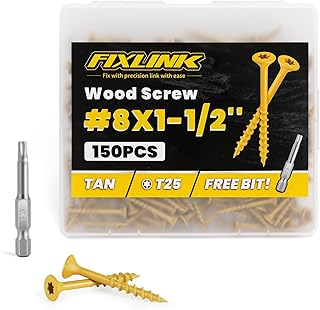 Wood Screws 1-1/2 Inch, FIXLINK Deck Screws #8 x 1-1/2", 150 PCS, Epoxy Coated, T25 Star Bit Above 1500 Hour Salt Spray Coating Outdoor Decking Screws Excellent Rust Resistant for Outdoor Wood Fence