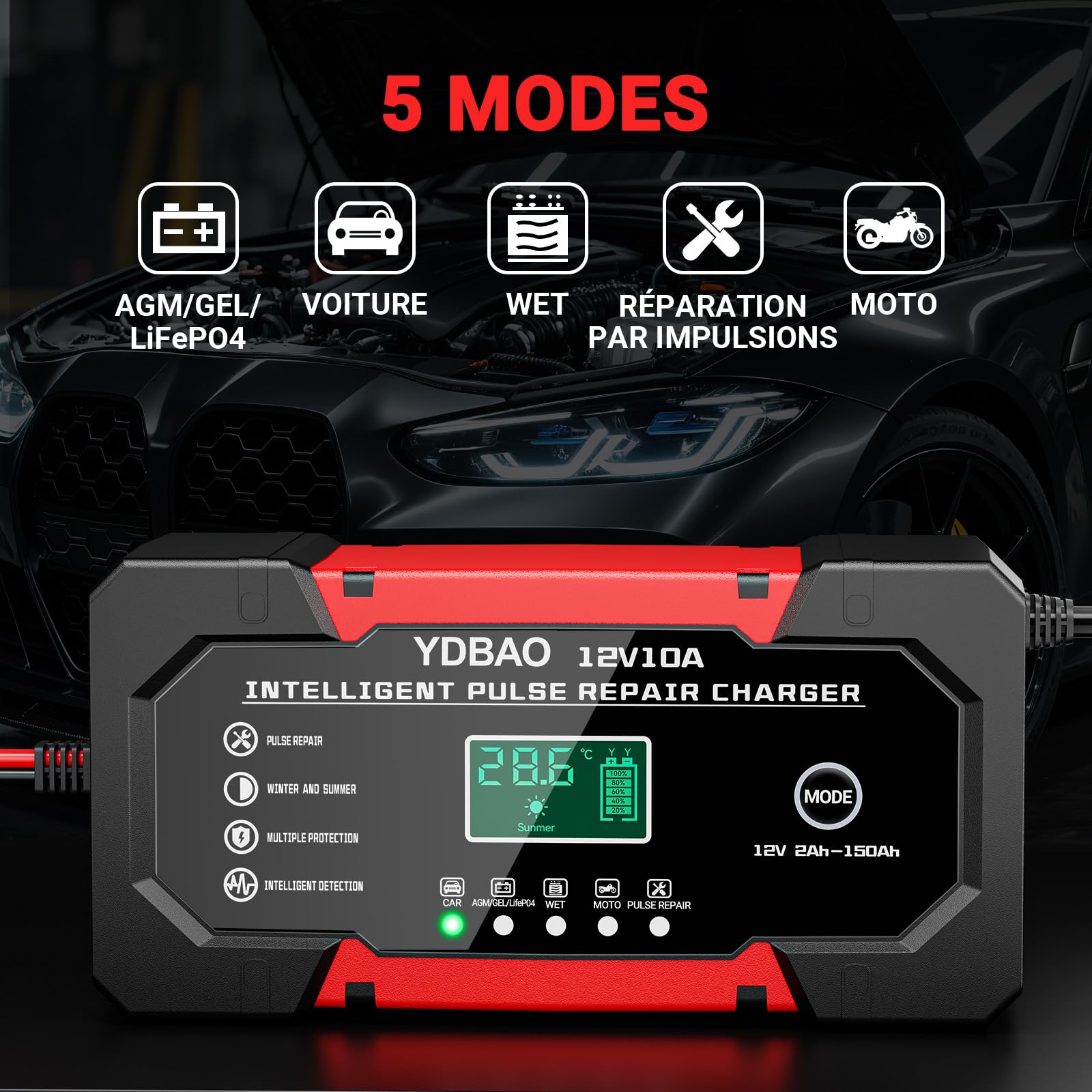 YDBAO Chargeur de Batterie Voiture 12V 10A LiFePO4 Chargeur Batterie Auto Intelligent avec Mode Réparation pour AGM Gel Wet LiFePO4 Auto Voiture Moto Camion