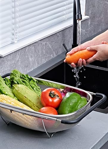 Miniatura 5 de Colador de malla fina sobre el fregadero, cesta coladora de acero inoxidable de 6 cuartos de galón y asas de agarre de goma expandibles, colador,