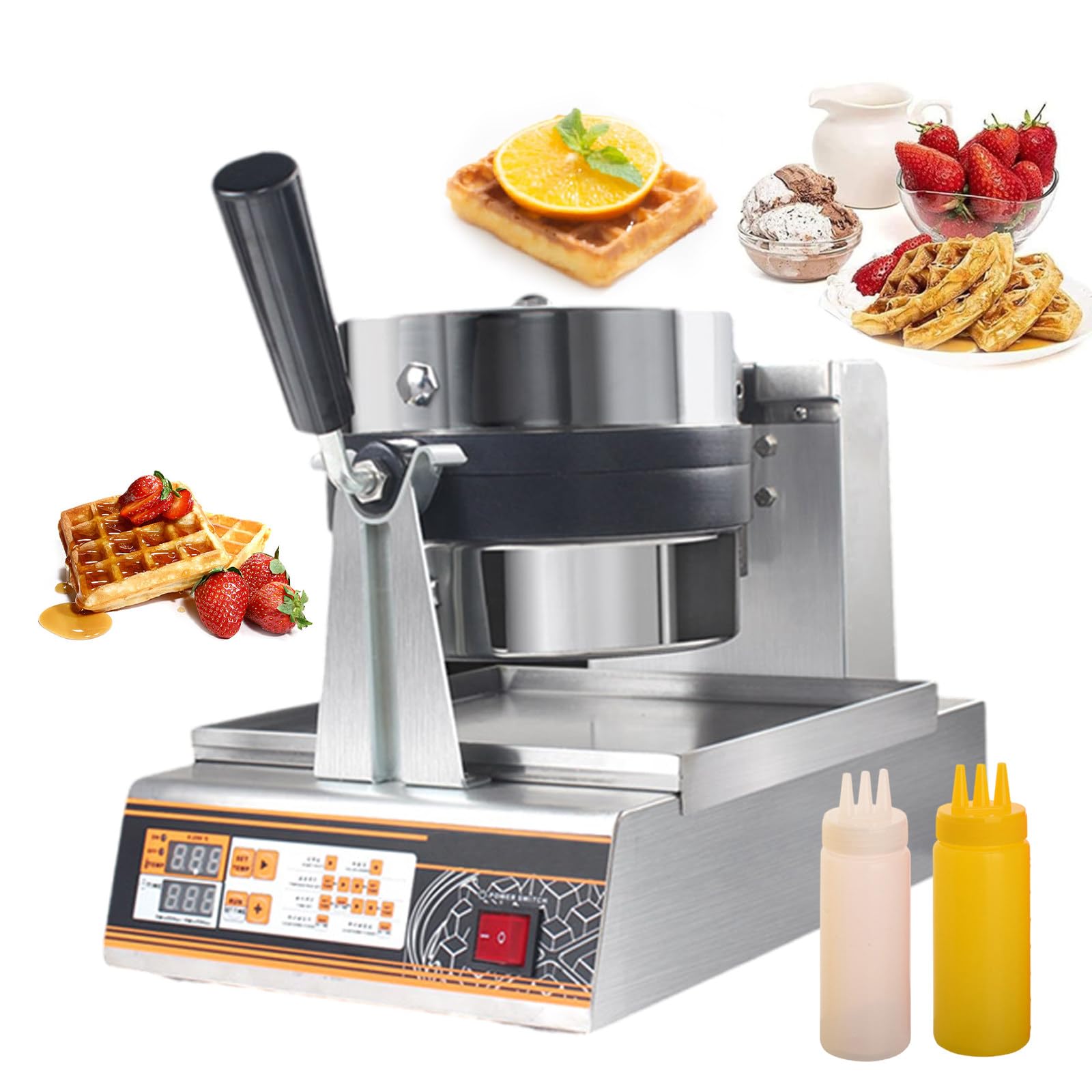 Gofrera Giratoria Comercial De 1200 W, Gofrera Profesional De Doble Cara - Temporizador Digital Ajustable, para Supermercados, Cafeterías Y Repostería Familiar, con Botella Flexible