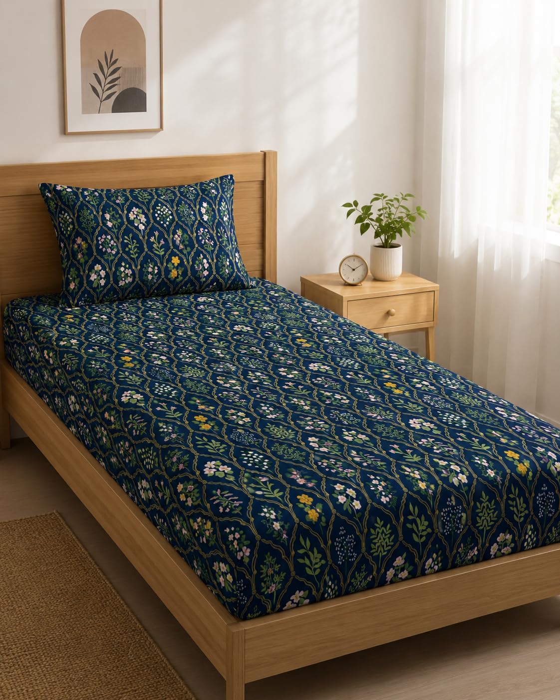 LOOMLYFE Microfiber Soft Cotton Single Bed Bedsheet for Diwan Bed, Size 60 Inches X 90 Inches, 152 X 230 cm with 1 Large Size Pillow Covers Without Joint - NavyJaipuri