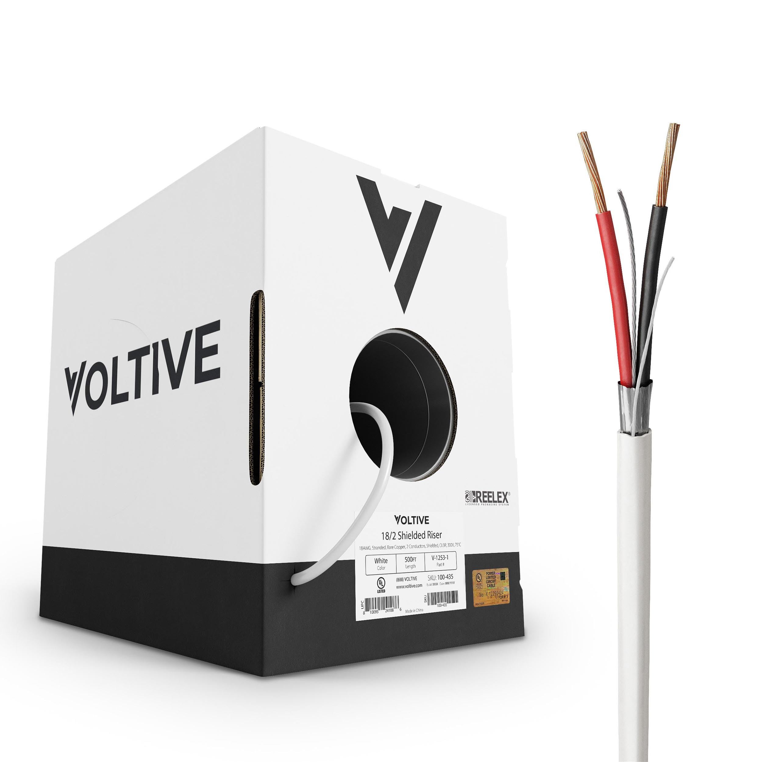 Voltive 18/2 Shielded Low Voltage Wire, Riser CL3R, White, 500ft - 18AWG, 2 Conductors, Overall Shield, Stranded Bare Copper, UL Listed - V-1253-1