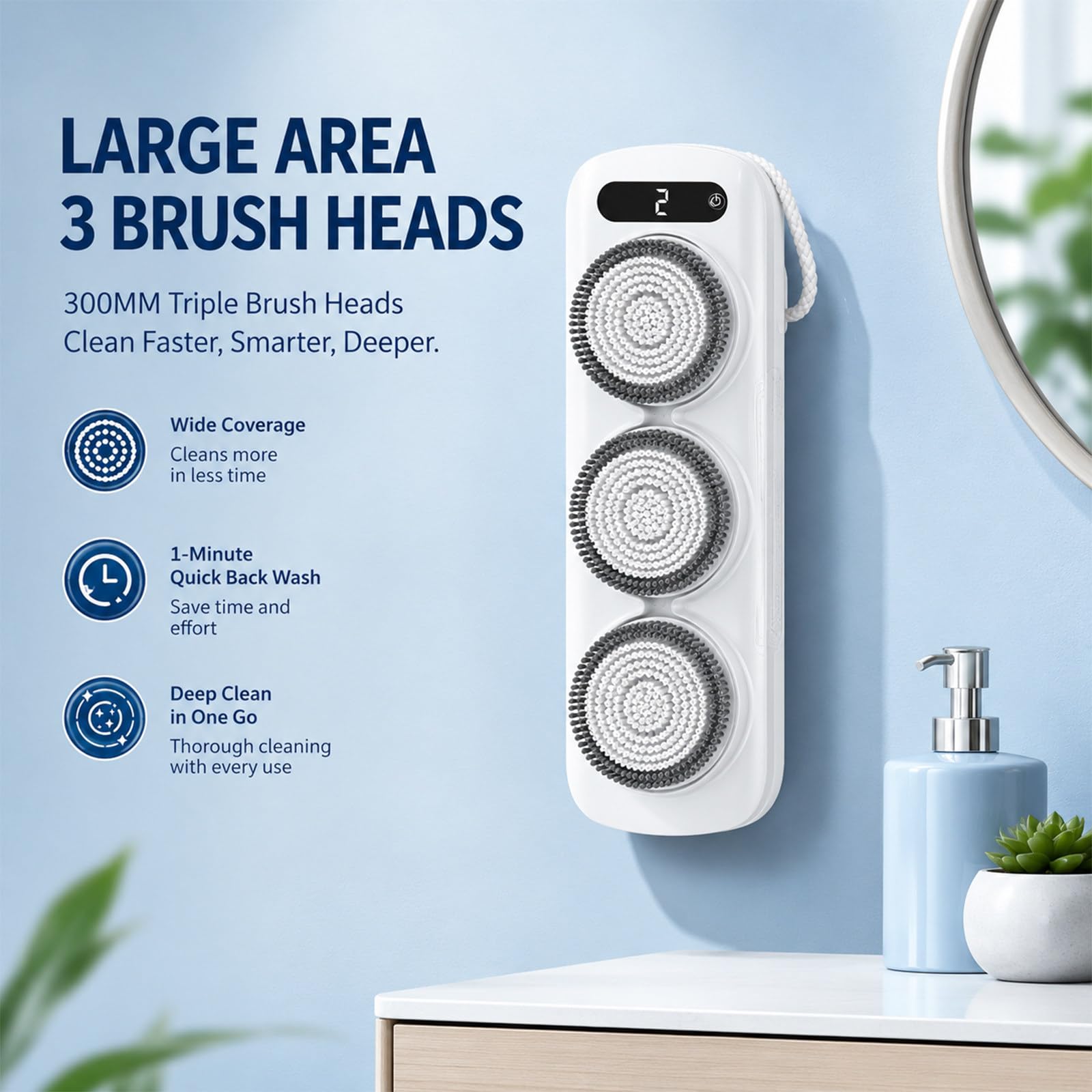 Cepillo Eléctrico para la Espalda para Ducha, Cepillo Eléctrico de Ducha de Pared, Cepillo Corporal para Cepillado en Seco, Limpieza, Exfoliación y Masaje, con 3 Cabezales Giratorios