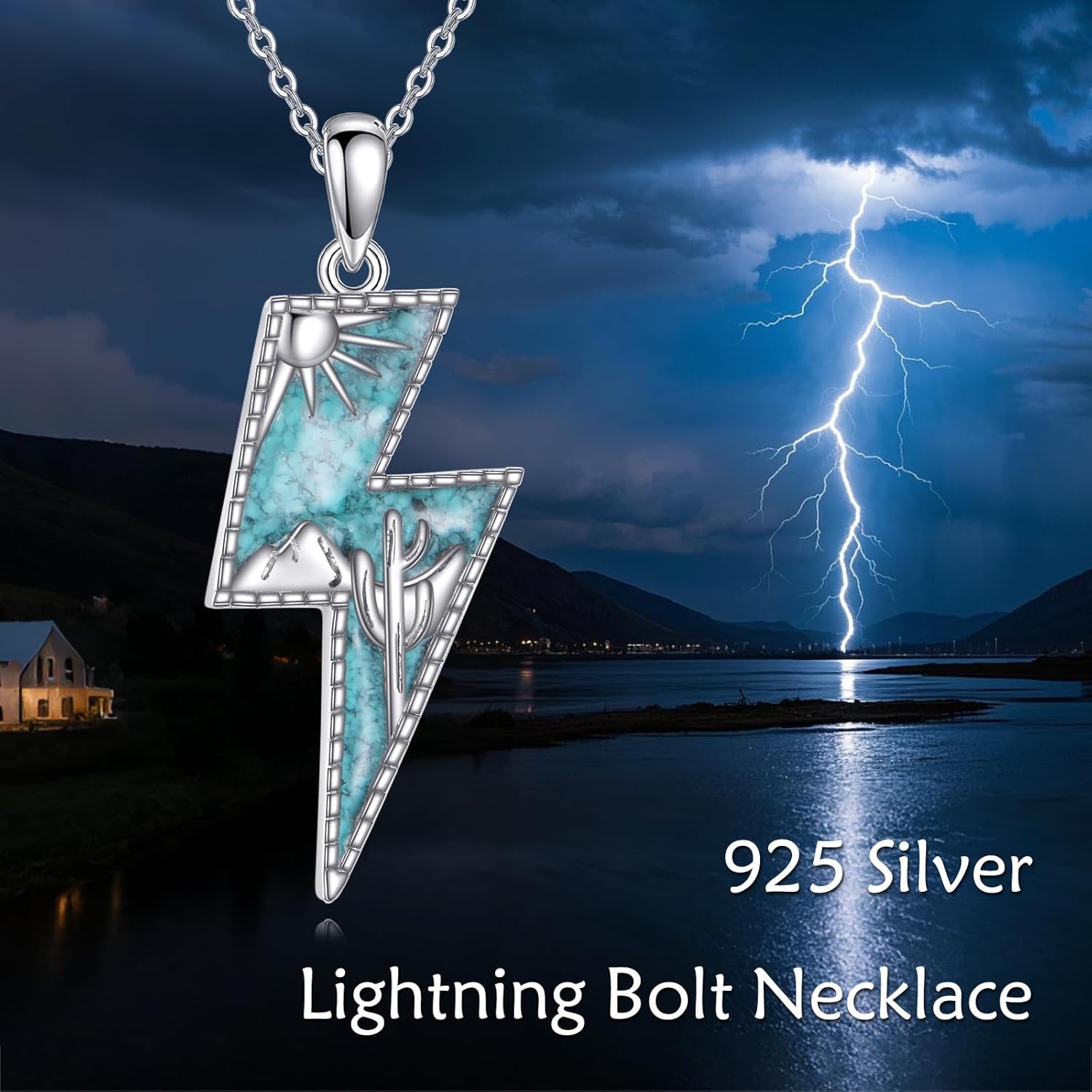 ONEFINITY Lightning Bolt Pendant Necklace 925 Sterling Silver Turquoise Necklace Western Jewelry Gifts For Women Men - Image 6