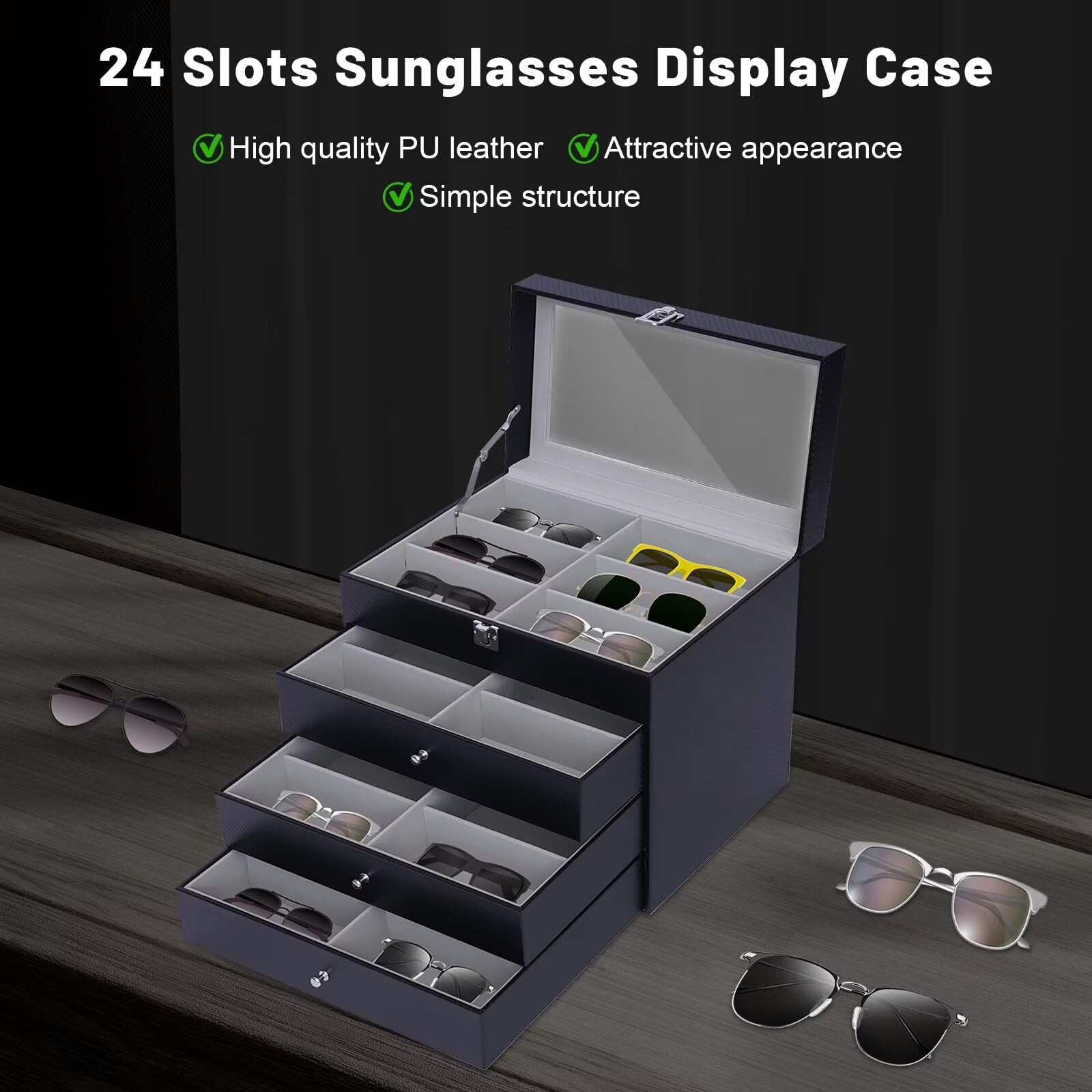 Vitrina Gafas Cuero GRTCZYSL Caja Gafas Sol 18 Compartimentos - Organizador Cuero 3 Niveles Organizador Lentes De Sol
