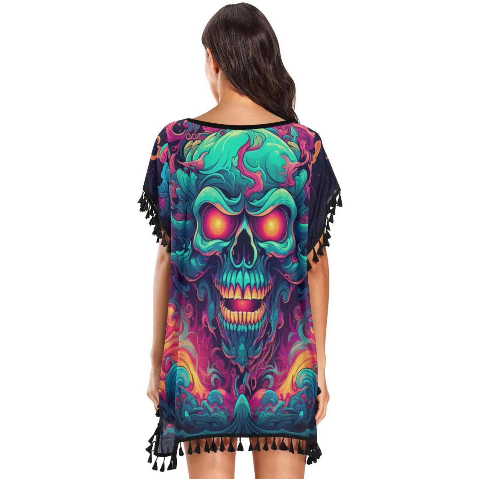 Skull Fire Abstract Art Women's Beach Cover Up Chiffon Tassel Swimwear Swimsuit Coverups for Girl