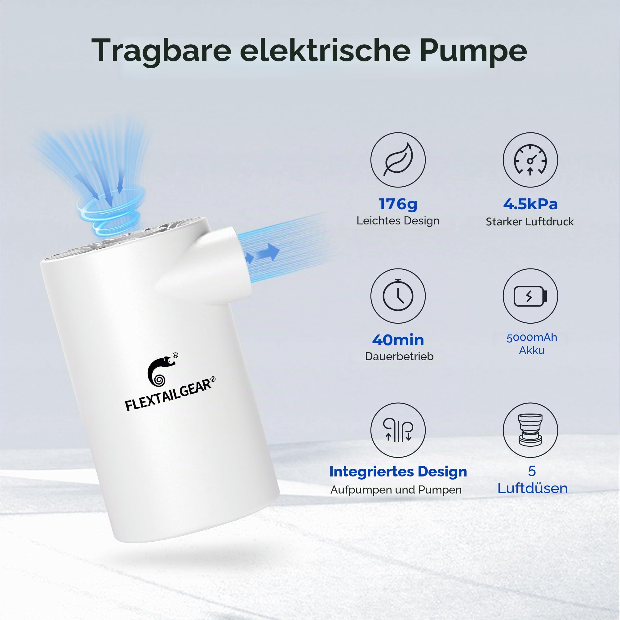 FLEXTAILGEAR EVO Pump, Tragbare Elektrische Pumpe,Luftmatratze Pumpe, Hoher Luftdruck von 4,5kPa, 3800mAh Akku,5 Mehrfachfunktion Düsen für Doppelbett,Schlauchboot,Einzelbett,Luftmatratze