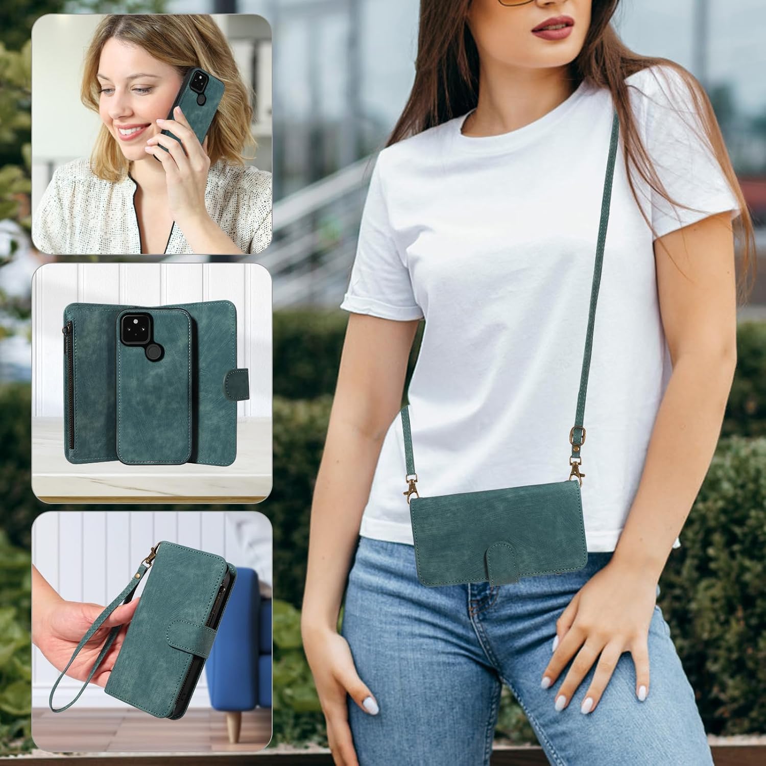 Asuwish Phone Case for Google Pixel 5 Zipper Wallet Detachable Magnetic Cover with Tempered Glass Screen Protector Crossbody Lanyard Strap Card Holder Slot Pixel5 5G Pixle Five G5 Women Men Girls Blue