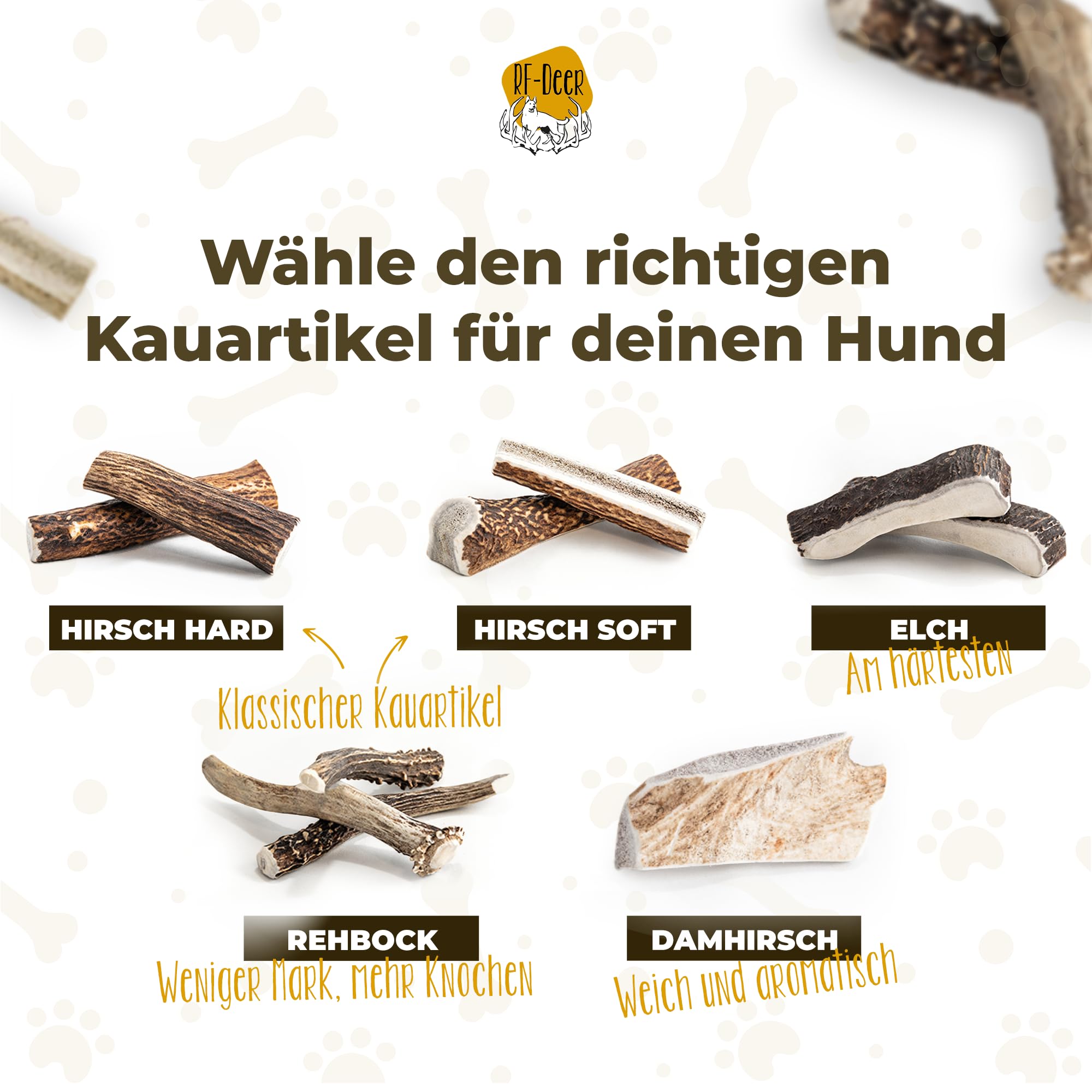 RF-Deer Hundesnack Rothirsch Geweih Kausnack - Hirschgeweih für Hunde, 100% Natürlicher, Kauspielzeug Hund, Hundespielzeug Kauknochen für Genuss und Zahnpflege (XXL 19-21 cm, Soft - 5 Stück)