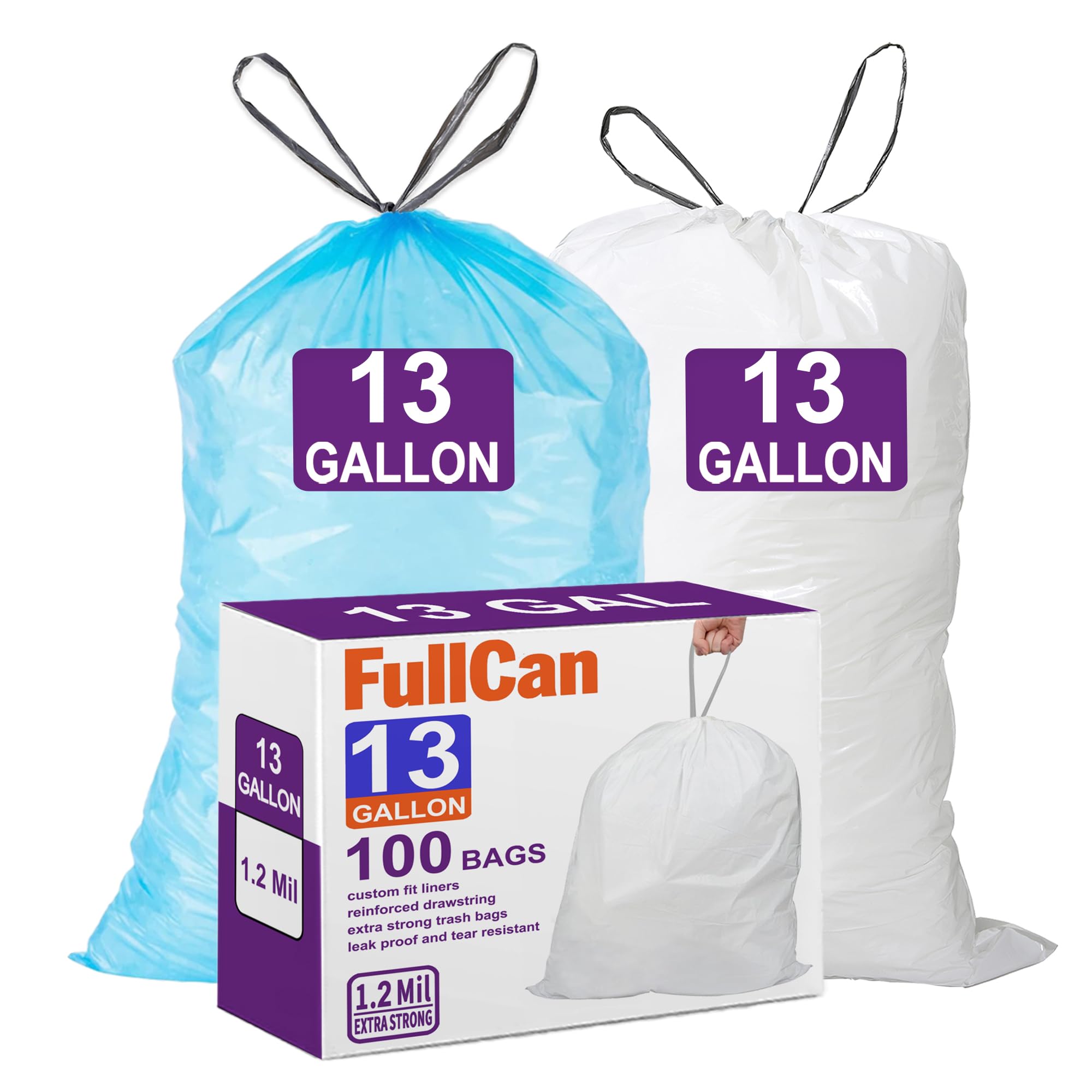 13 Gallon Heavy Duty Drawstring Trash Bags with Reinforced Drawstring Drawstring Garbage Liners White &amp; Blue 1 Mil THICK Total 100 Count