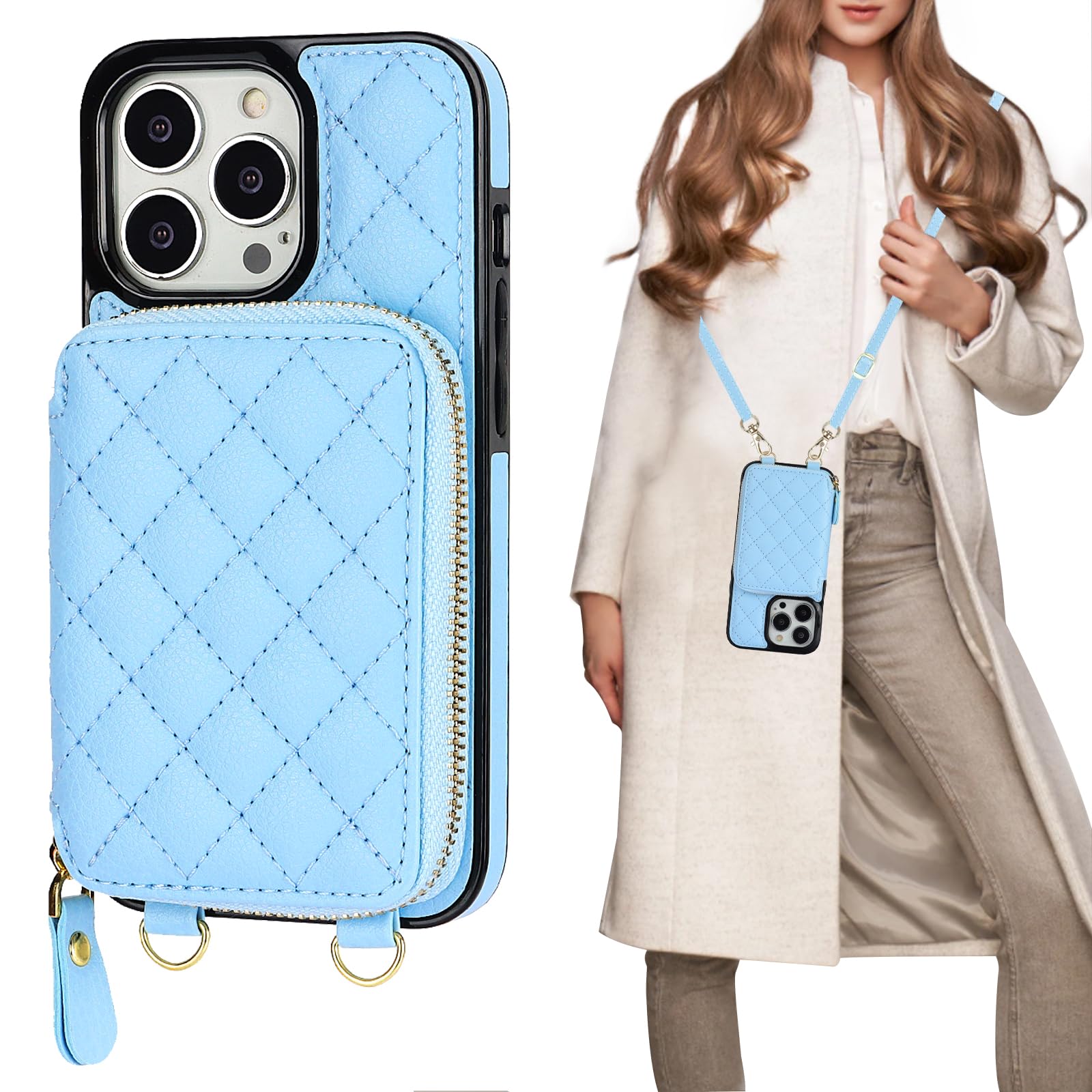 Bocasal Crossbody Wallet Case for iPhone 13 Pro, RFID Blocking PU Leather Zipper Handbag Purse Flip Cover, Kickstand Folio Case with Card Slots Holder