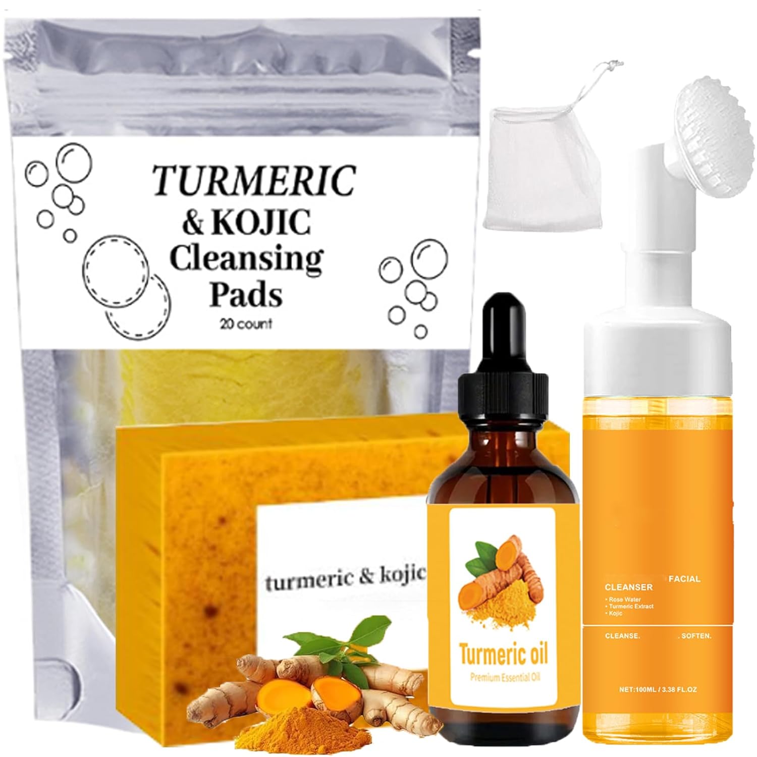 Turmeric Wash and Care 4 Piece Set – Lemon Turmeric Kojic Soap Bar & Cleansing Pads & Face Wash & Essential Oil, Jabon de Curcuma, Deep Cleansing Exfoliating Scrub Pads for Face & Body (A) Turmeric Wash and Care 4 Piece Set – Lemon Turmeric Kojic Soap Bar & Cleansing Pads & Face Wash & Essential Oil, Jabon de Curcuma, Deep Cleansing Exfoliating Scrub Pads for Face & Body (A)