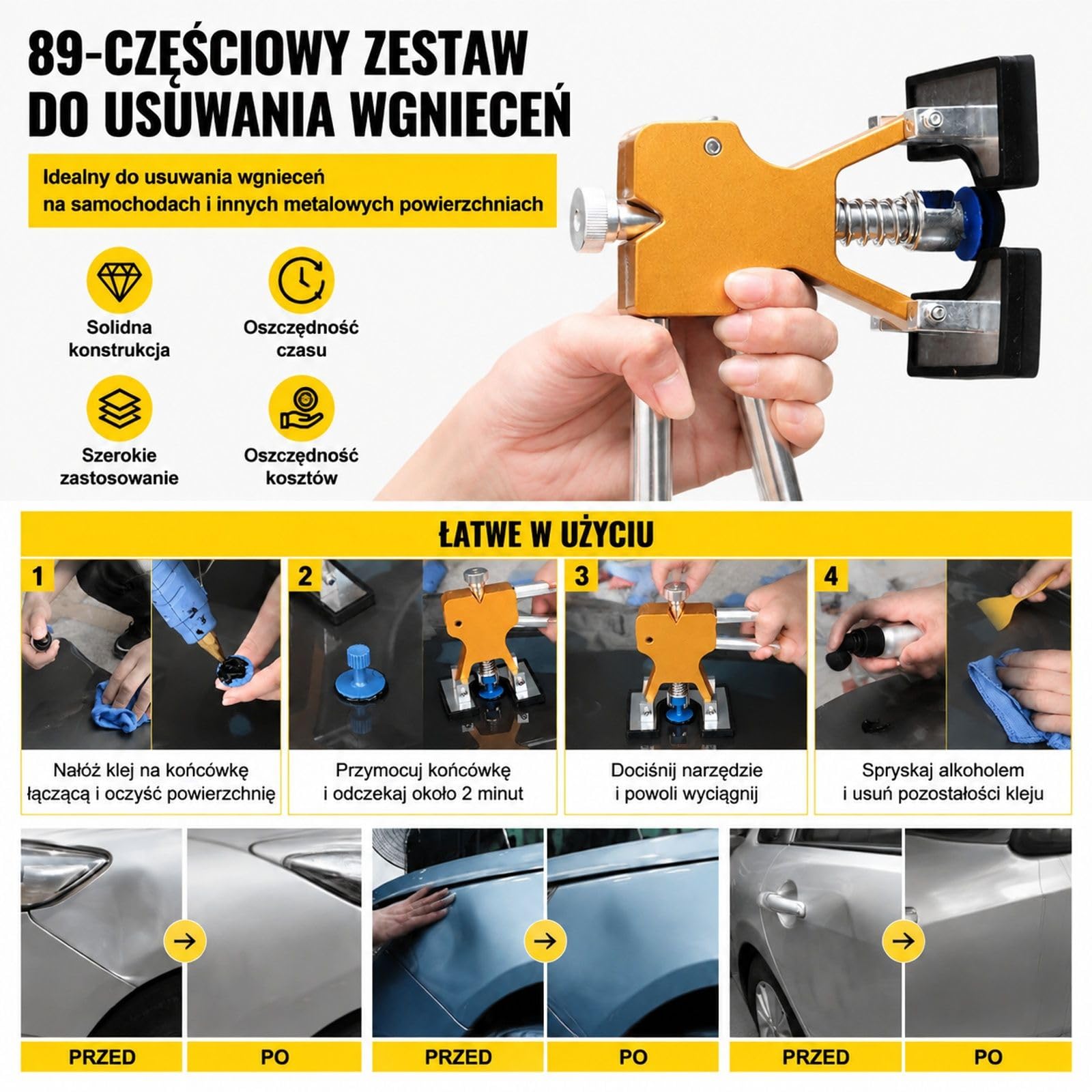 Zestaw do naprawy wgnieceń samochodowych 89 elementów z wyciągaczem, mostkiem, młotkiem ślizgowym, pistoletem do kleju, panelem LED, gumą, aluminium i plastikiem do metalowych powierzchni