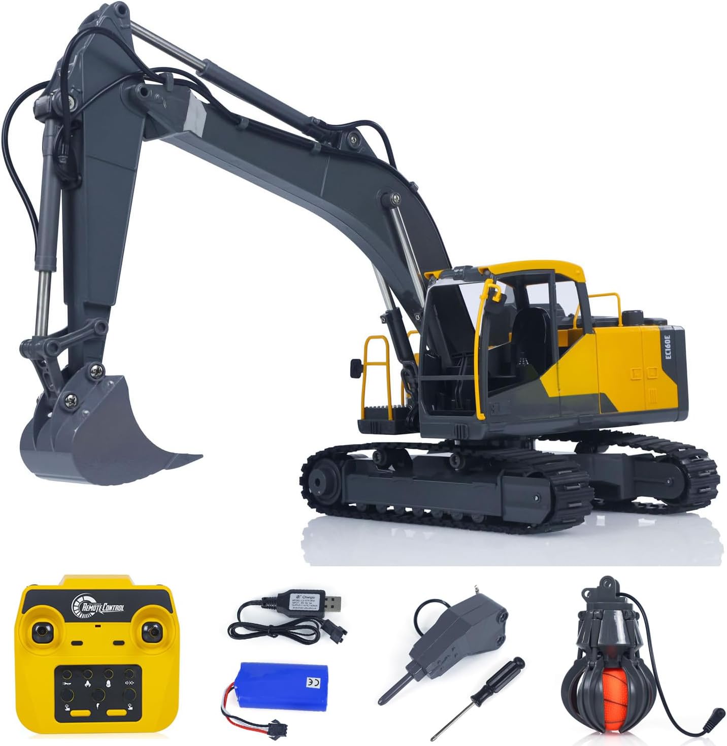 1/16 DoubleE E598 003 Electric Lifting RC Excavator Metal 2Arms Remote Control Digger VO Hammer Bucket Claw 360° Rotating Hobby Grade Model for Ages 14+