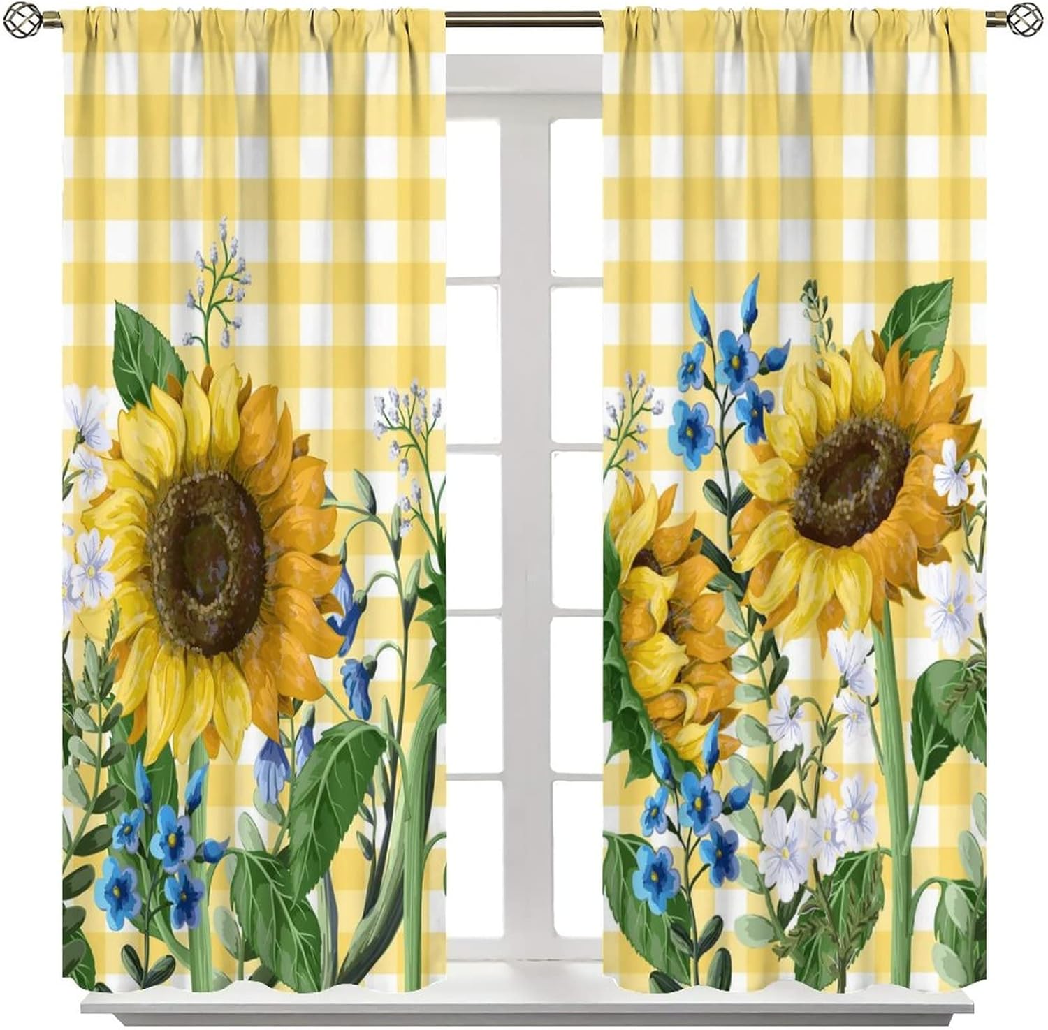 Sunflower Blackout Curtains Spring Beautiful Floral Bright Yellow White Buffalo Check Plaid Colorful Rustic Art Print for Living Room Bedroom Kitchen Decor Rod Pocket Window Drapes 2 Panels 42x45in