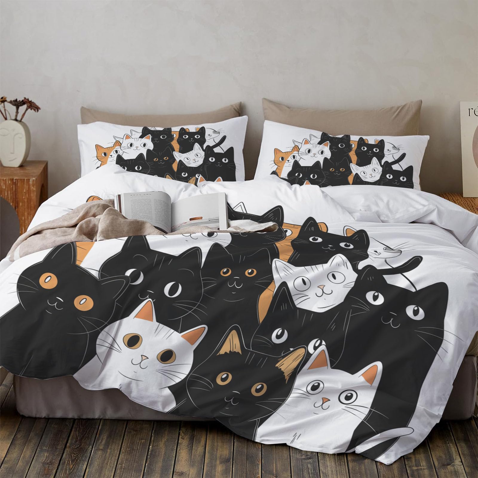 Parure de lit chat blanc 240x260 cm avec housse de couette 3D et 2 taies d'oreiller pour ado