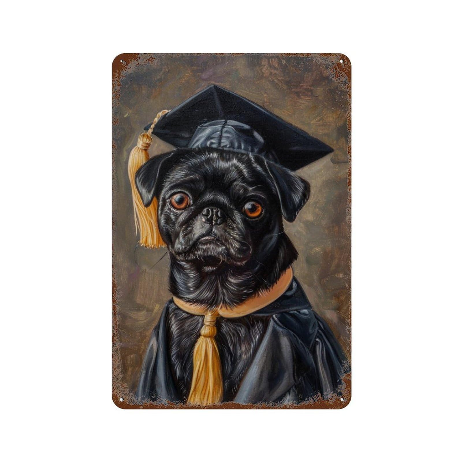 Graduation Pug Art Print Weathered Tin Sign 11.8"x7.9", Classic Wall Plaque for Garage, Bar And Workshop Decor
